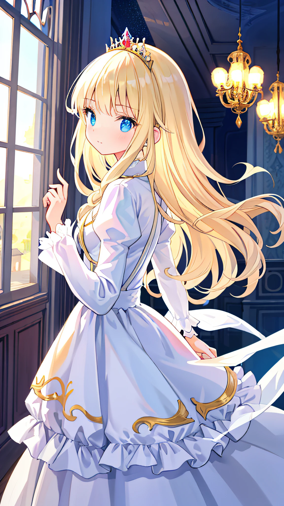 beautiful illustration, best quality, cute girl, indoor, (princess), white dress, tiara, (petite), blond long hair, from side, castle, cowboy shot