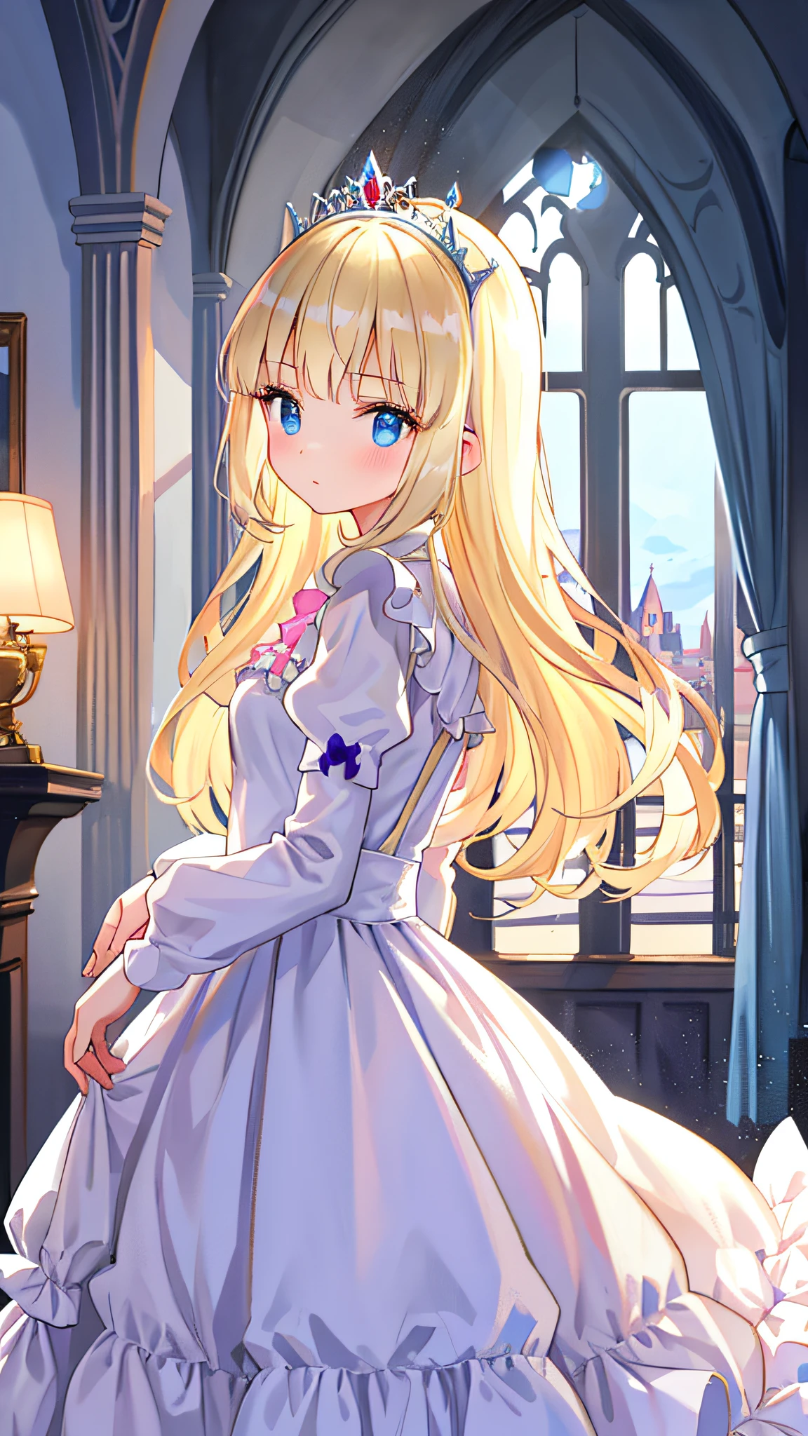 beautiful illustration, best quality, cute girl, indoor, (princess), white dress, tiara, (petite), blond long hair, from side, castle, cowboy shot