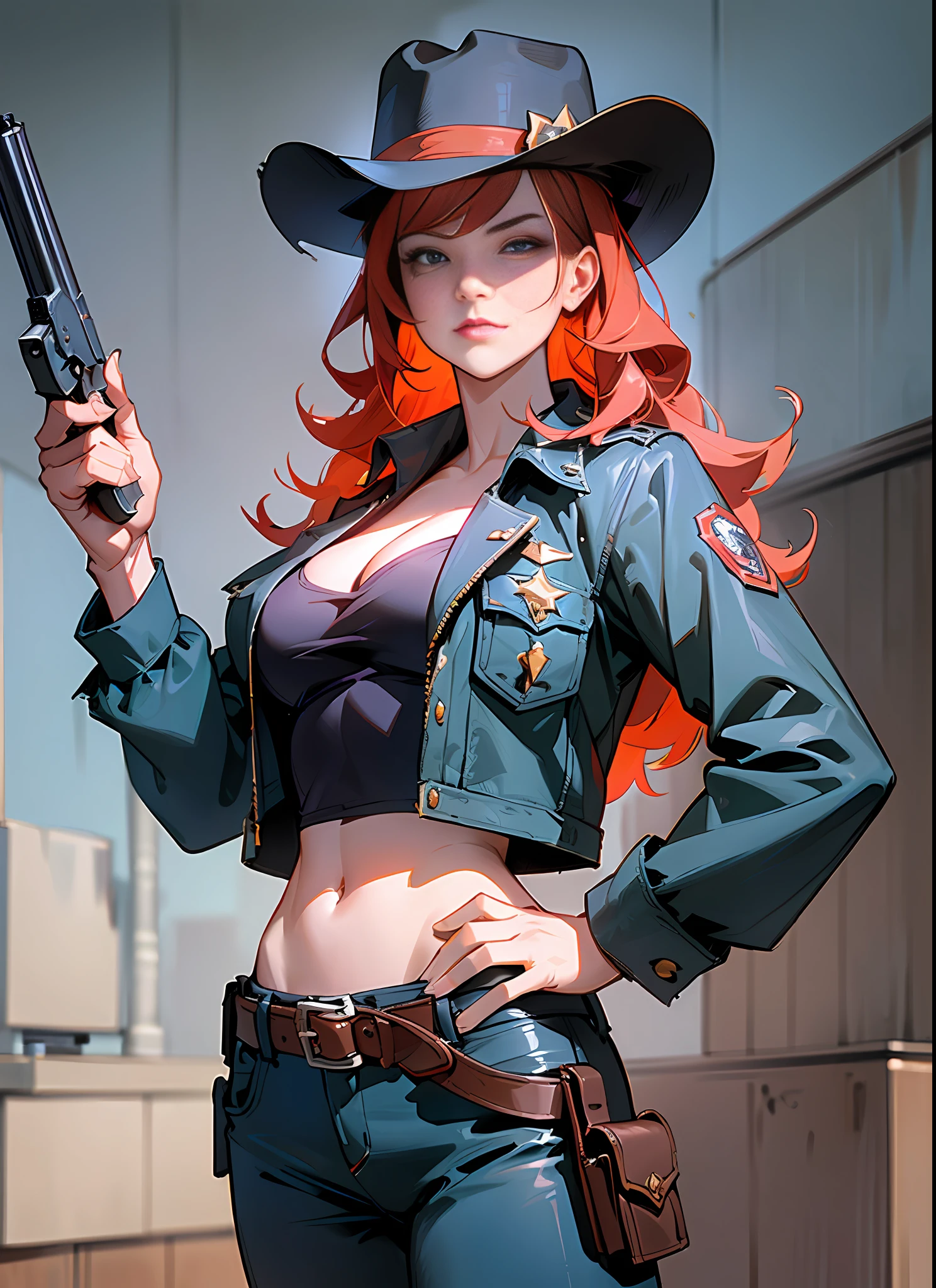 Super Realistic, 8k, Masterpiece, High Definition, Cinematic, 1950s Western, Movie Poster, Beauty With Handgun Holster Slung to Her Hip, Gunman, Sheriff, Red-Haired Caucasian Girl, 11 Years Old, Slender, Calamity Jane, Sheriff Batch, Ten-gallon Hat, Cleavage, Torn Jacket, Torn Pants, Confronting Villains, Colt in Hip Holster, ( title), impressive lighting, 3d rendering, western street corners