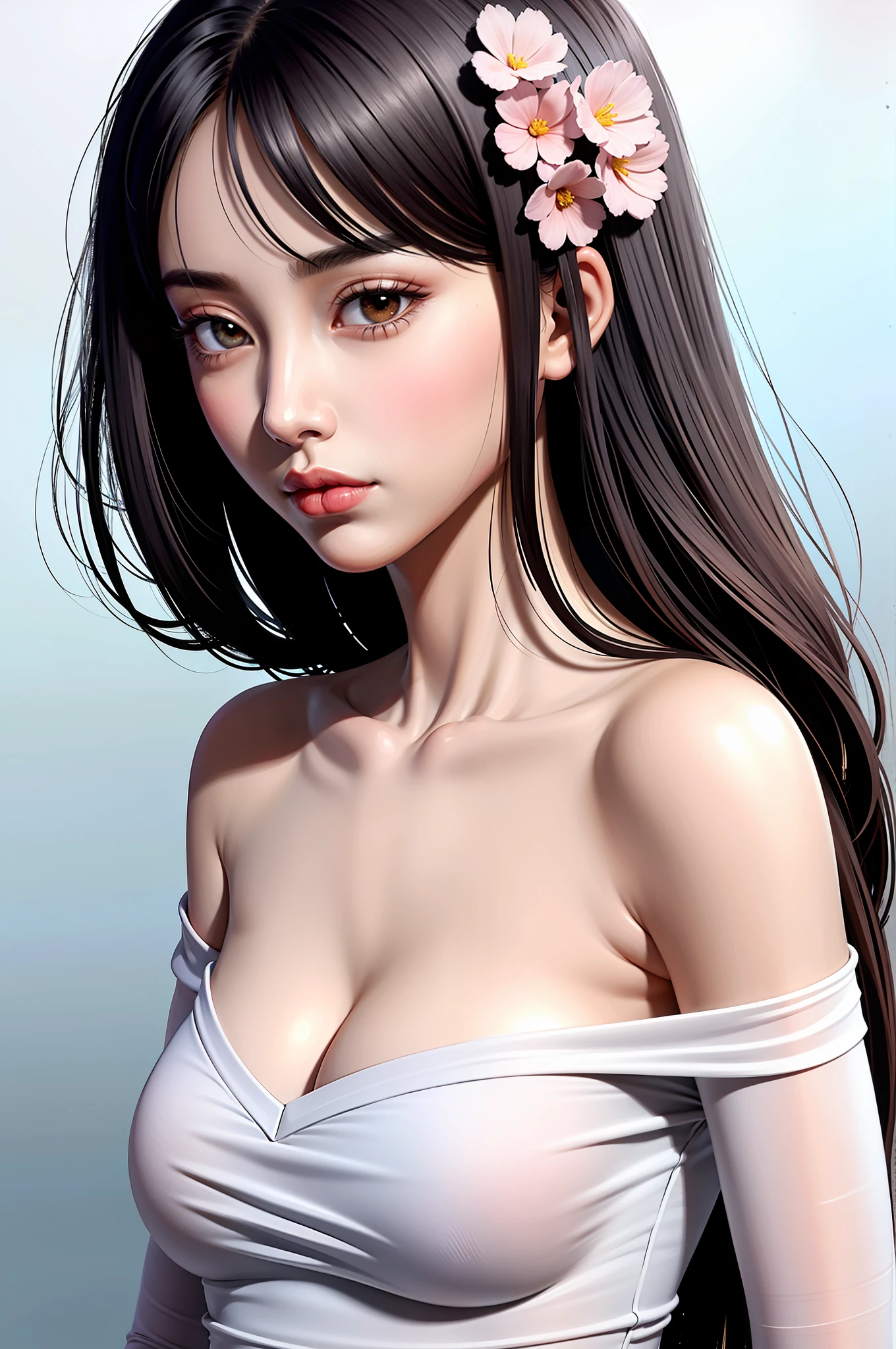 Fashion trendy beautiful and charming woman, gentle and charming Chinese beautiful woman, delicate and sexy collarbone, charming oval face, double eyelids, smart peach blossom eyes, pink lips, small nose, bare shoulders, focus on the face, close-up of the face, Ultra-high-definition, super-detailed, full-body photo, ultra-thin and light-transmitting, the white off-the-shoulder shirt perfectly echoes the light blue slit skirt, fresh and good, and can be seen through