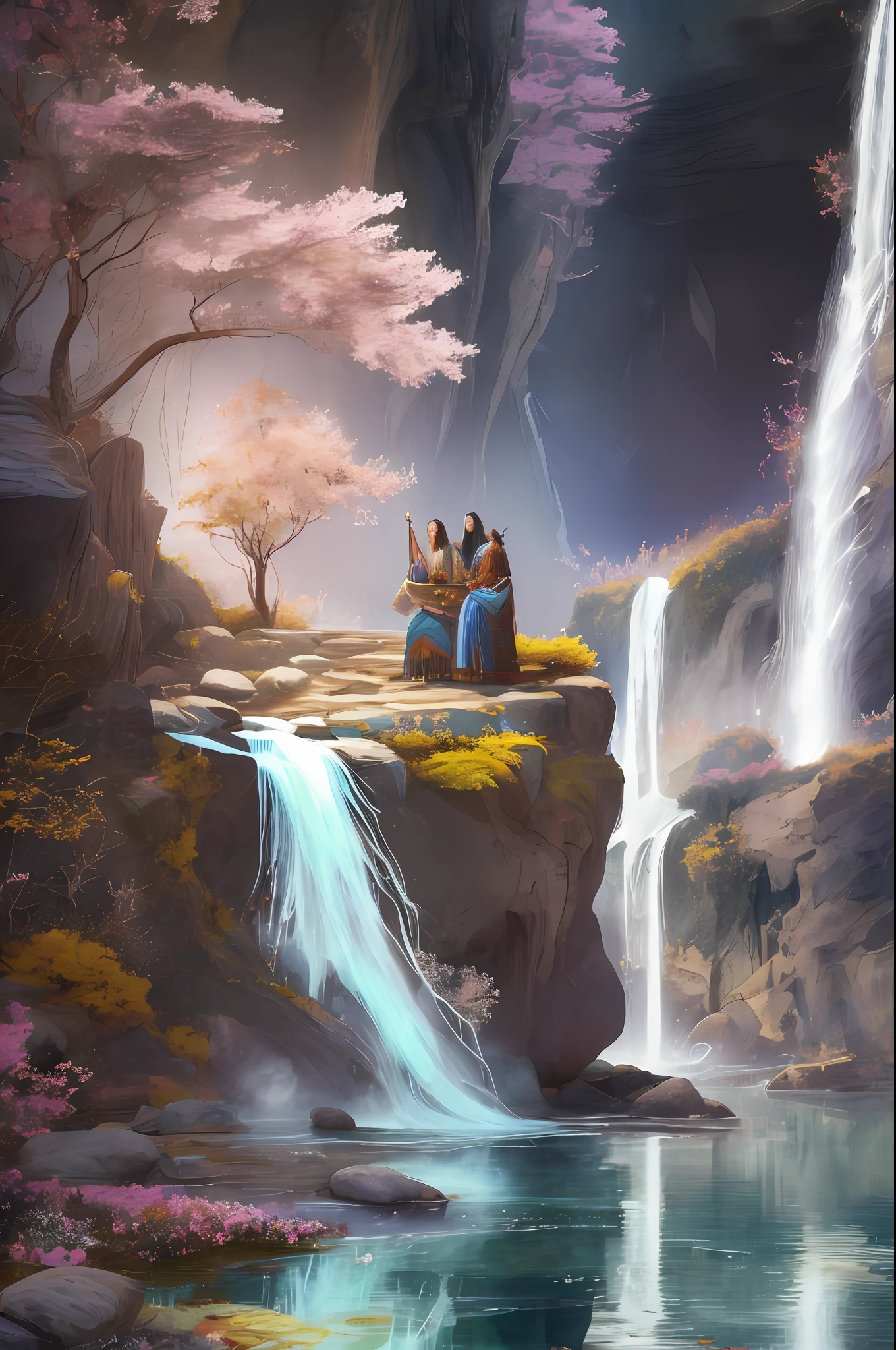 (hyperrealistic), (high resolution), In the center of the image, we can have a shaman in meditation, sitting in a sacred place, like a natural altar surrounded by elements of nature, such as stones, flowers, plants and shells. This representation symbolizes the practice of building a sacred site. Around the shaman, we can represent symbols or images that represent inner preparation, such as a mirror reflecting self-discovery, a feather representing freedom and connection to the spiritual world, and perhaps a flame symbolizing inner transformation. At the top of the image, we can represent ancestors or ancestral spirits in the form of ethereal figures or shadows, as if they were being invoked by the shaman. They may be surrounded by lights or sparkles to convey their spiritual presence. At the bottom of the image, we can depict elements of purification rituals, such as a waterfall or a flowing river, symbolizing cleansing and renewal. We can add plumes, incense, or other symbols related to purification around the water flow. Finally, we can represent the shamanic journey through a trail or path that extends from the shaman to distant horizons, indicating the spiritual journey and the exploration of different dimensions. There may be symbolic images along the way, such as power animals, sacred trees, or star constellations. 8k --auto --s2
