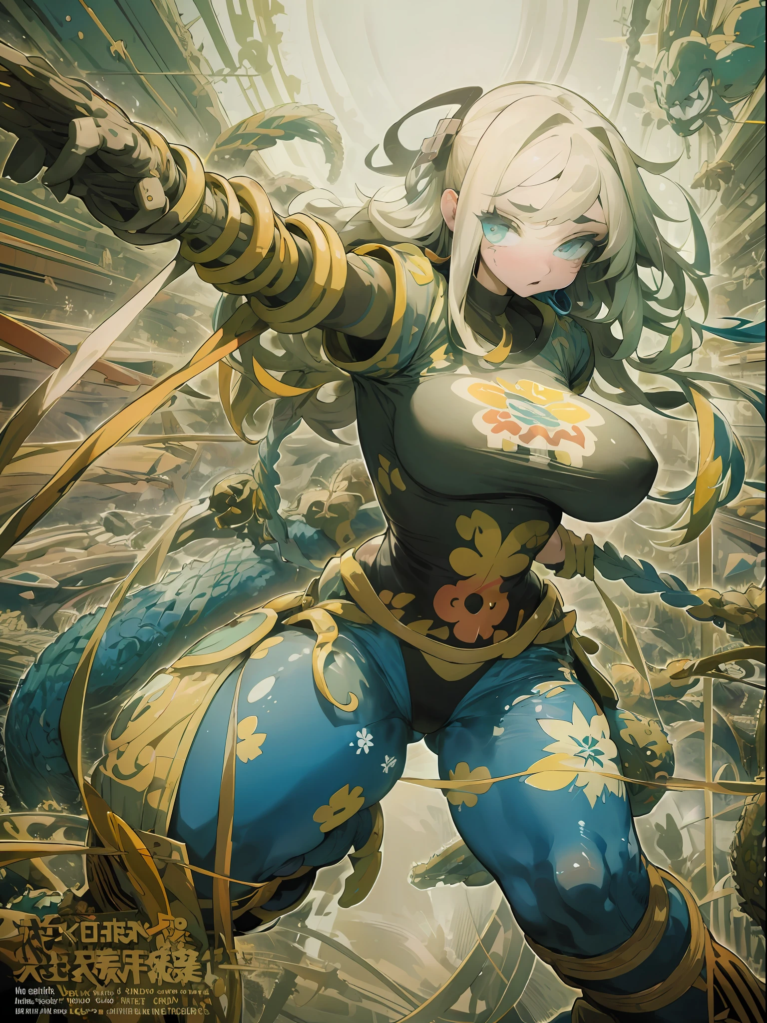 background, mixed-language_text, Japanese letters in graffit ,girls, excellent lighting, sidelighting, (), vhsKeeper,, style GUILTY GEAR -STRIVE perfect ultimate (flat color: 1.3), (magazine_cover: 1.4), (multicolored_background: 1.3), striped_background, card_background, :: comix style by joe madureira :: circular pieces of white metals glued to the arms coming out shimmering yellow glow,big breast, perfect and detailed, ultra detailed shirt with abstract design and with print of Japanese letters in graffit of the sides of the clothing, image of full-body girls fighting by your side with powerful dragons versus alien creature full of tentacles, with immersive effects, hover effect, background graffiti style tribal tattoo with vibrant colors "HDR ultra" detailed and with focus effect, (masterpiece: 1.2, best quality), (finely detailed beautiful eyes: 1.2), , ((Solo)), (Finely detailed eyes and detailed face :1.3), in various full-body attack poses, (cute background: 1.2),futuristic costume, Super detailed circular metals Clinging to arms and pants, fantastic paintings
