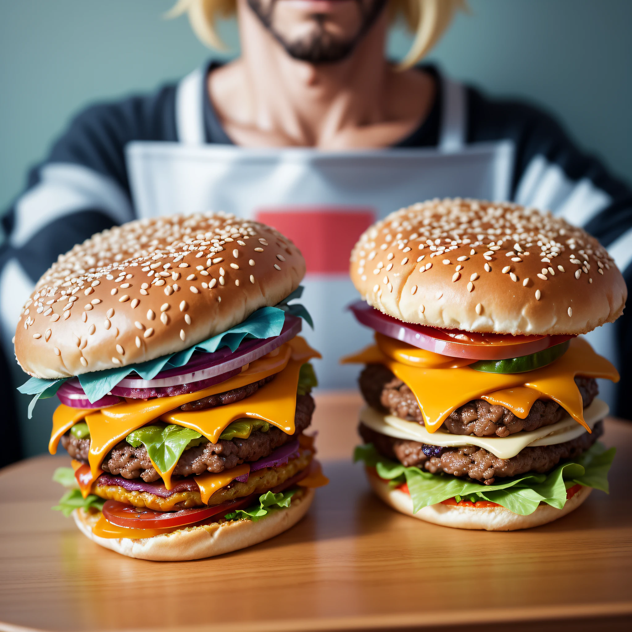 please create a closeup of a poster with a cartoon character holding a hamburger, food ad, hamburger monster, hamburger, real diner, deathburger, burger king, fast food, by Nándor Katona, ad image, hamburger, 2d, 2d, mcdonald, kitava insatiable hunger, monster manula, 8k food commercial --auto --s2