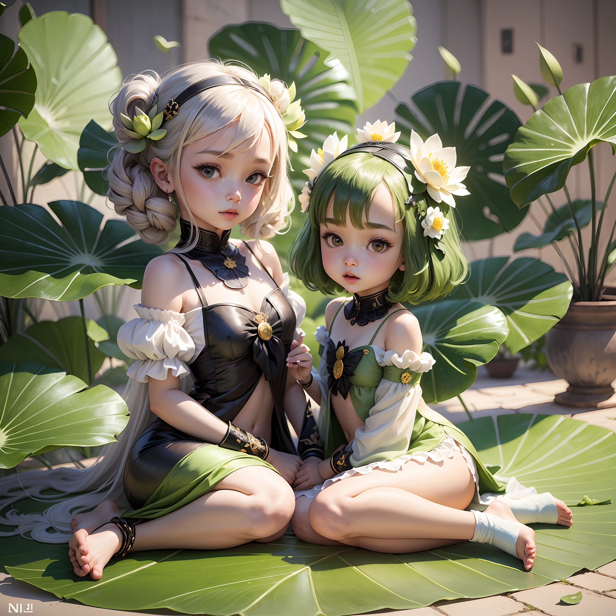 A cute cartoon IP of a pair of little sisters, the lotus fairy, the elder sister is 12- girl, gentle and luxurious, the younger sister is 5-7 years old,d funny, holding a lotus leaf, light green silk clothes,clean background ,White background,3D, chibi , octane rendering , bright movie light , advanced color scheme , high detail --ar 9:16 --niji 5 --style expressive --auto --s2