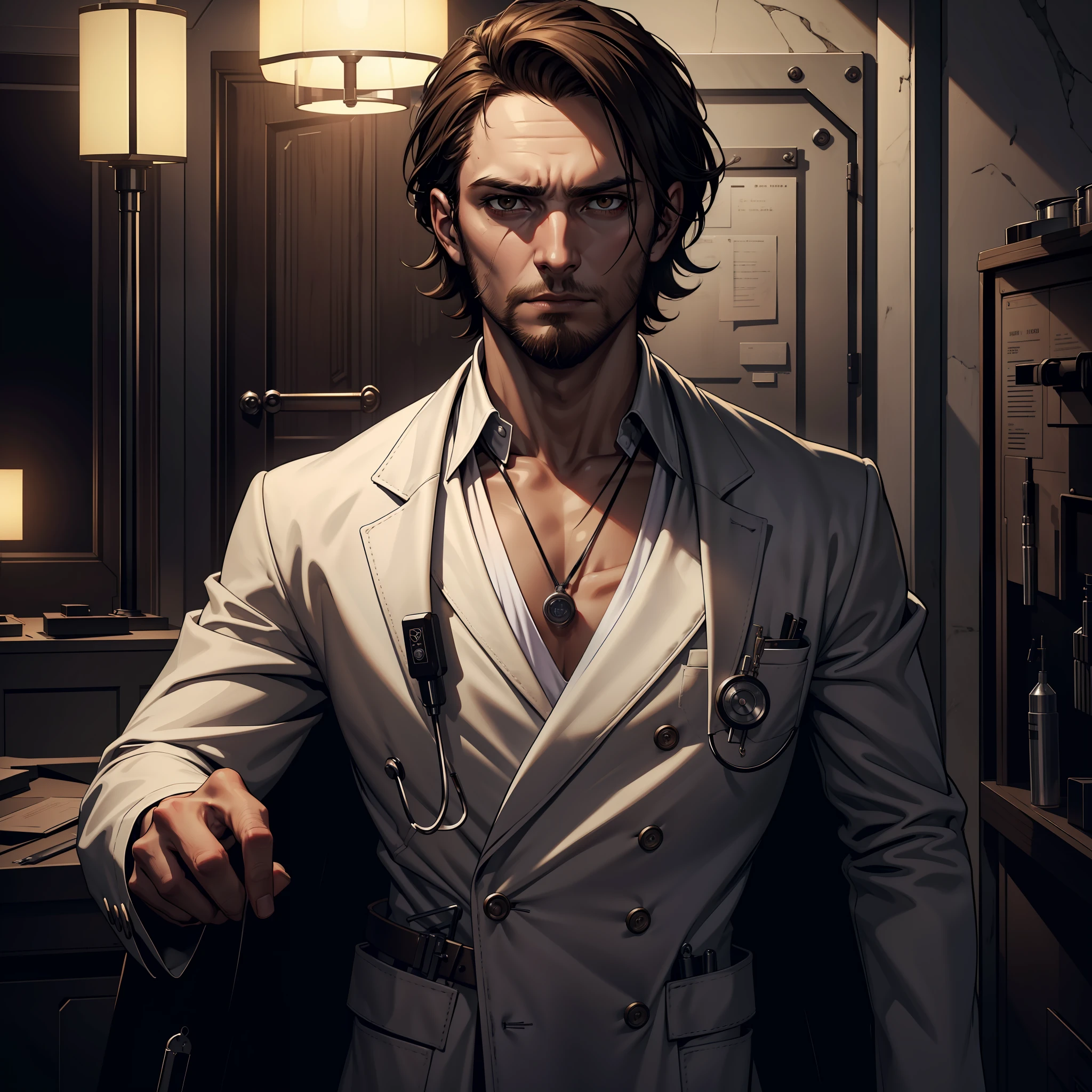 (extremely detailed 8k wallpaper), dark theme, Vampire the Masquerade, modern horror, 2020s, young man, medical examiner, wearing white lab coat, sharp focus, (subsurface scattering:1.1), award-winning photography, centered face, Joel Moore's face, short beard, half-body shot:1.1, short light brown hair combed, brown eyes, confident expression, morgue interior, autopsy tools,  dramatic lighting