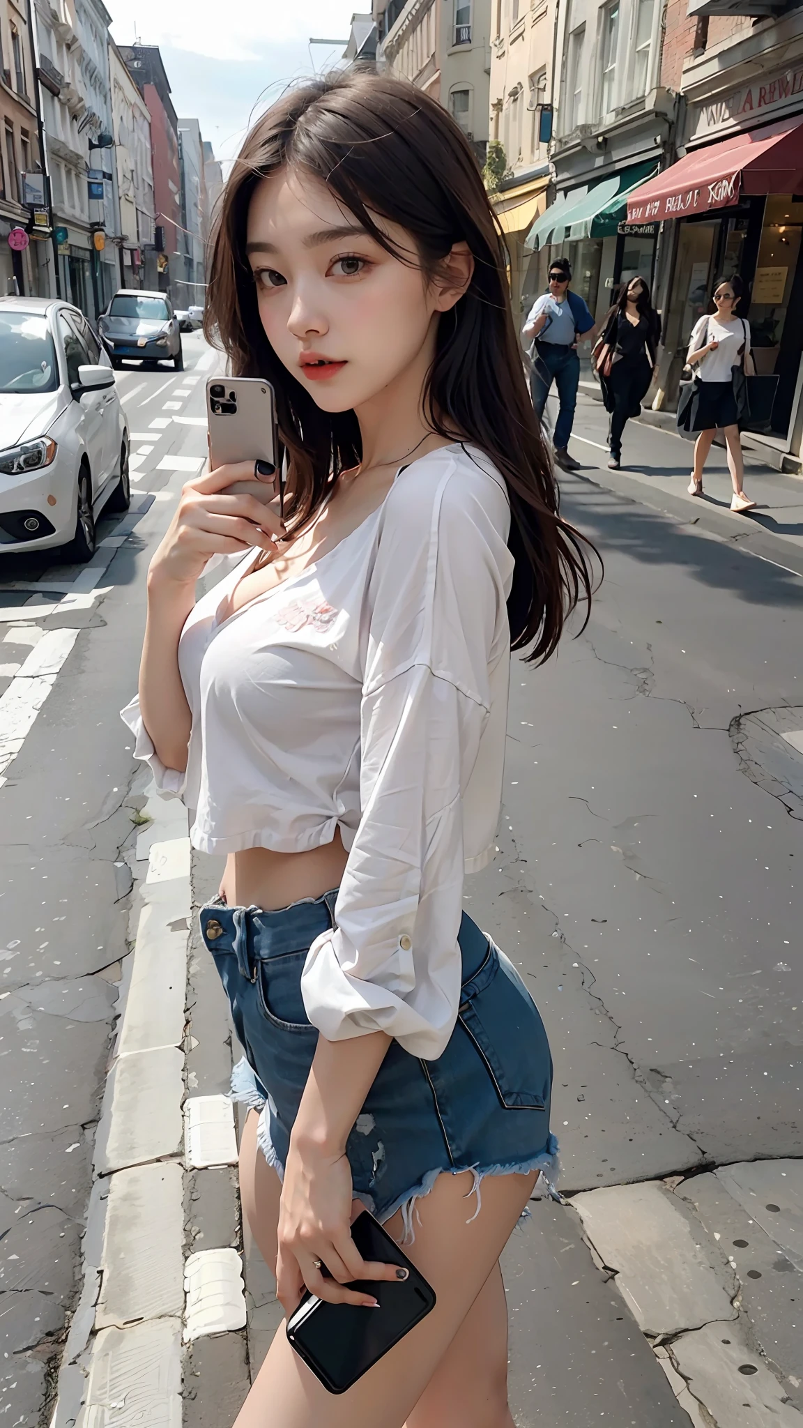 Beautiful woman, fiddling with cell phone in the middle of the street, short clothes