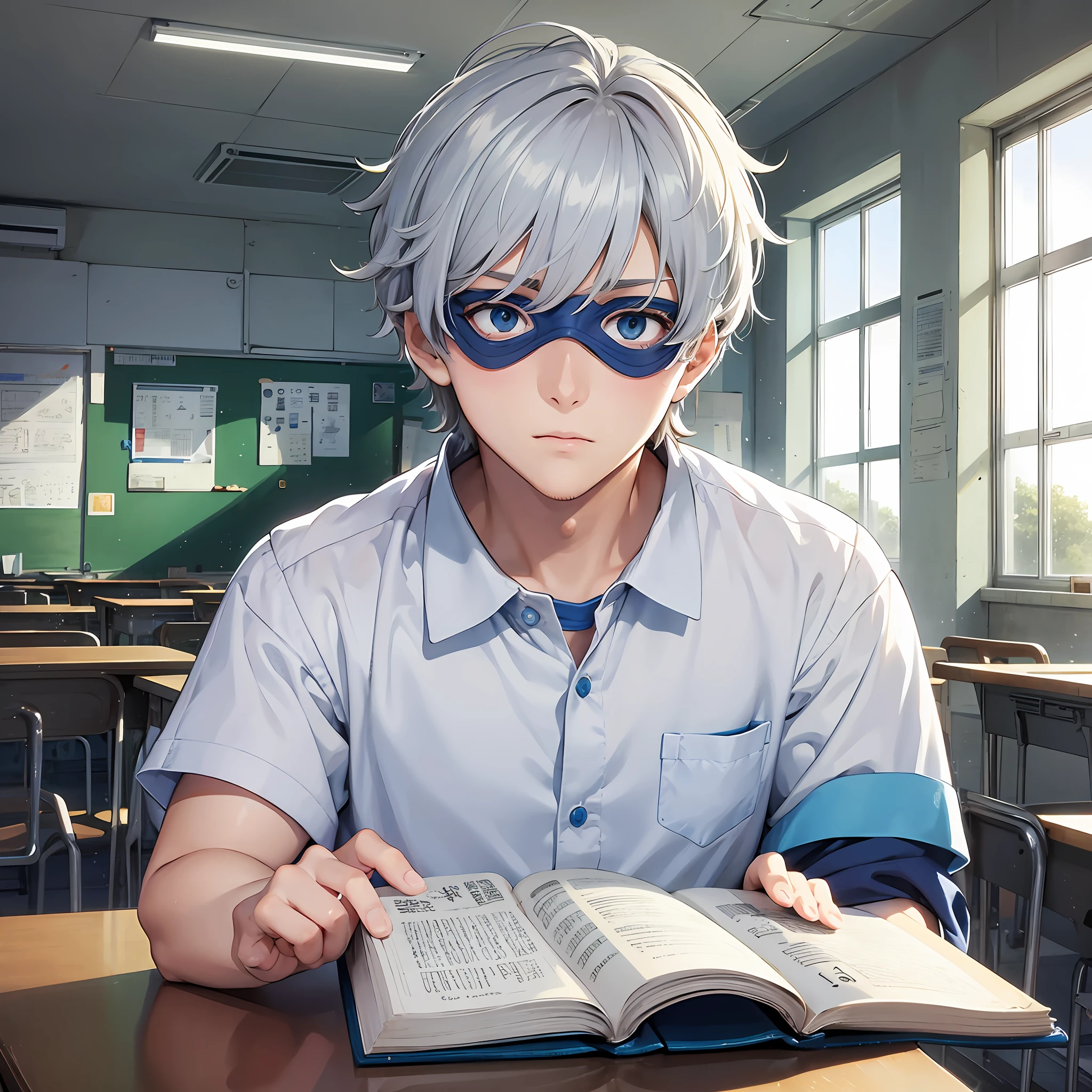 Animation, Miyazaki style, high school classroom, -year-oly withort silver hair and blue eyes, white shirt, shy, covering face with a book, medium and close view, level view, center --auto --s2