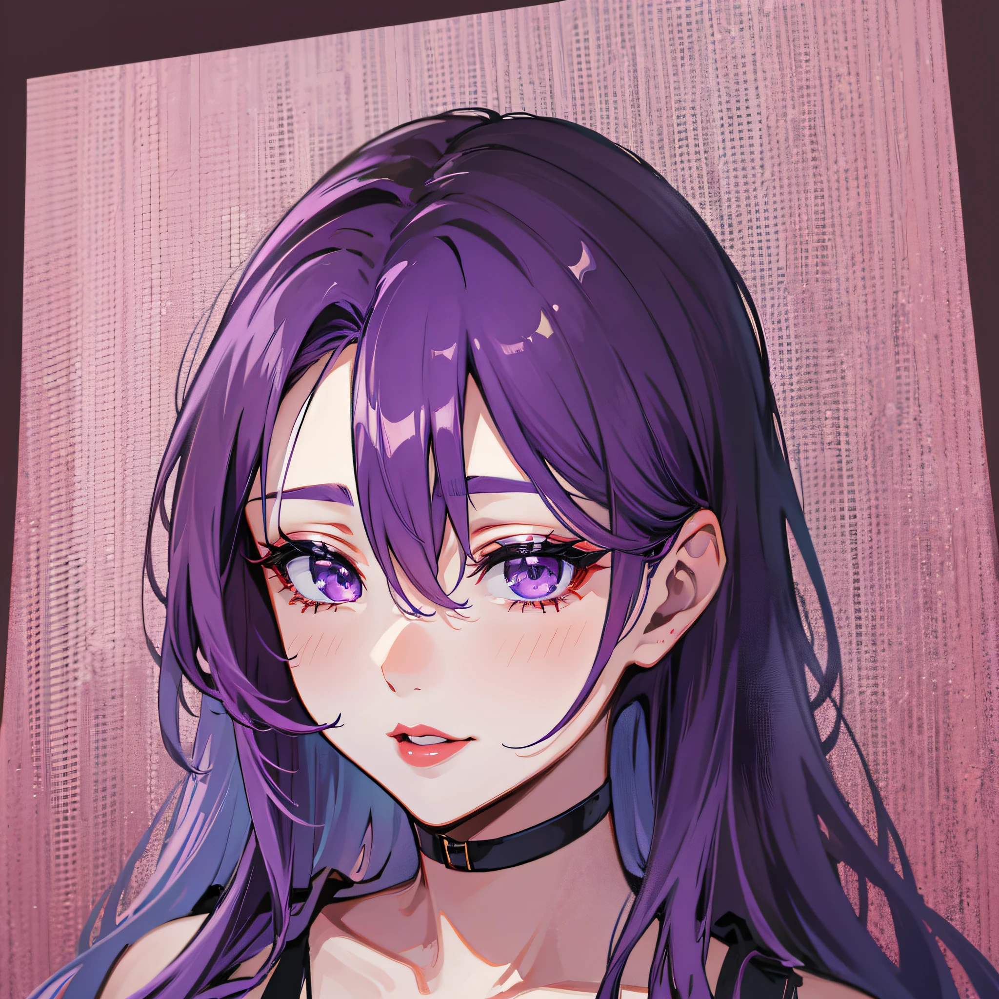 sexy keqing, hair between eyes, purple hair, red lips, black background