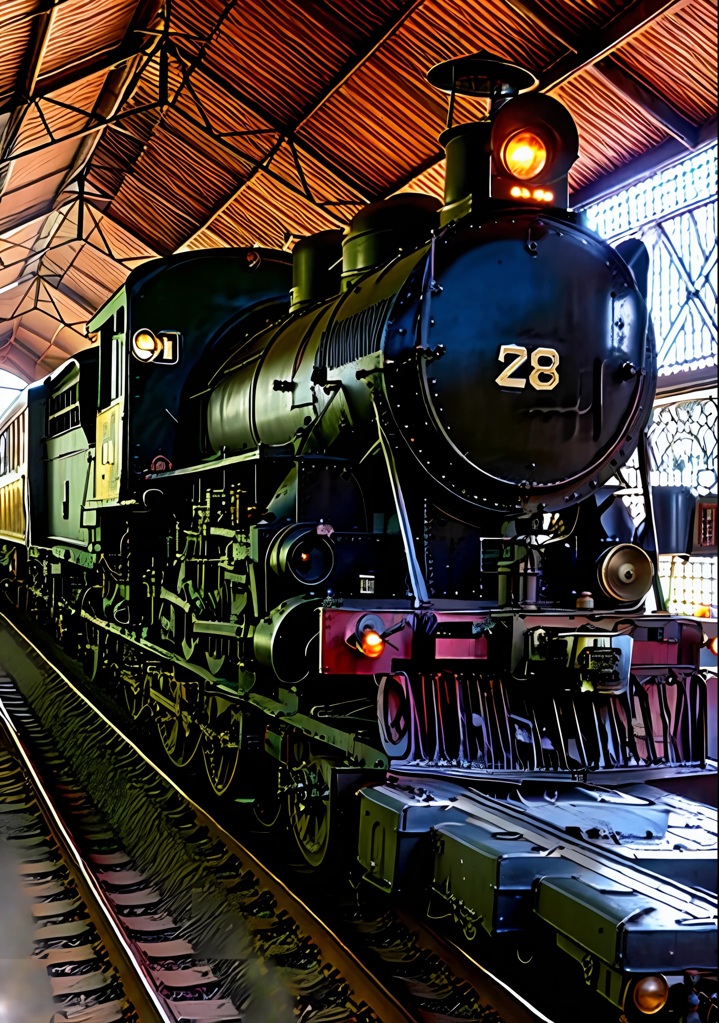there is a train that is sitting on the tracks in a building, train, locomotive, steam train, gothic locomotive, large engine, railroads, steam engine, trains, steam trains, platform, choo choo, train station, on display, photo taken in 1970, yard, preserved historic, portrait of a large, extremely intricate, huge scale