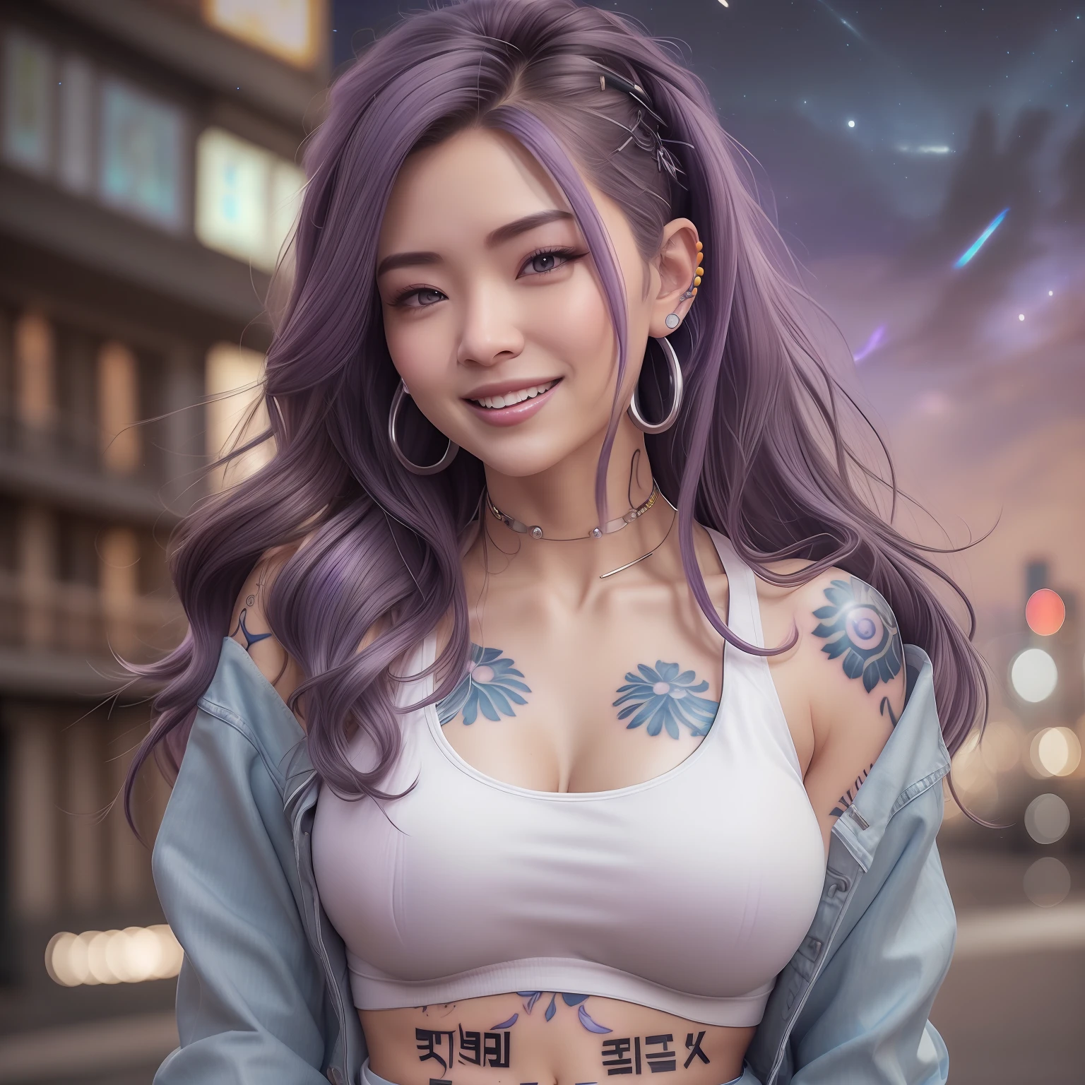 (masterpiece:1.9), [(4k, ultimate realistic detail, best image quality, RAW photo, best resolution, raytracing, unreal engine 5):1.4], [(has 2 balanced hair color:1.95), (long hair:1.9), (dark brown hair color:1.8), (and some part of of her hair color is lavender purple:1.8), (hair color style reference from Guy Tang:1.8):1.5], (natural expressive), (laughed off face:1.9), (smiling happily:1.8), (a pretty Korean female :1.9), (half body shot), raytracing soft ambient light, (night sky with dramatic lowlight night korea city background:1.8), (wear crop white tank-top and blue jeans denim jacket as the outer:1.6), (wears hot pants:1.5), good body proportion, ( commonly metal piercings in her ears:1.6), (a septum style nose piercing:1.6), (girly minimalist tattoos in her body:1.75), precise features, (Beautiful face:1.8), candid photo journalism, (Waist up portrait:1.5), sharp bokeh UHD, gritty realistic, in focus low depth of field, 16mm film quality with grain, pantone analog style, Rim lighting, perfect color tones, (imperfect skin quality), (light freckles, skin texture and little skin pores:0.7), sharp fine details, Extremely detailed, realistic human face, --v 4 --v4 --q 2 --upbeta.
