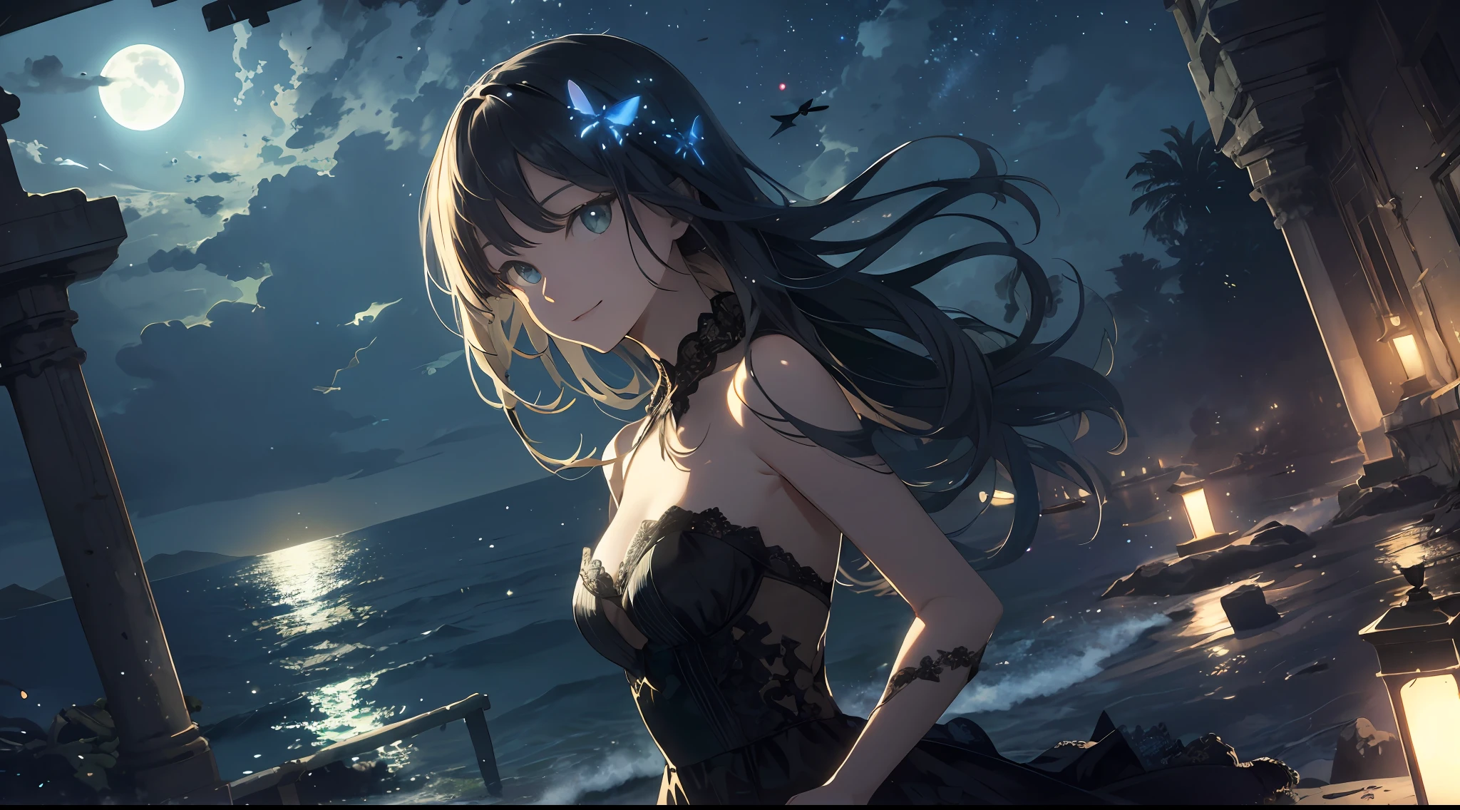 (Best Quality: 1.5), (Super Detail: 1.5), (Best Quality Photo: 1.5), Sunken ruins, ocean as far as the eye can see, horizon, pitch black sea, full moon night, rainbow, midnight, scenic, beautiful landscape, galaxy, nebula, full of stars, particles of light, very delicate and beautiful, very detailed, bioluminescence, cinematic light, mysterious, cinematic angle, 8k resolution, elegant, perfect, smooth, beautiful girl looking far away, very cute, smile, (delicate and beautiful eyes: 1.2), (girl: 1.5),lace,ribbon,strapless,luxurious accessories