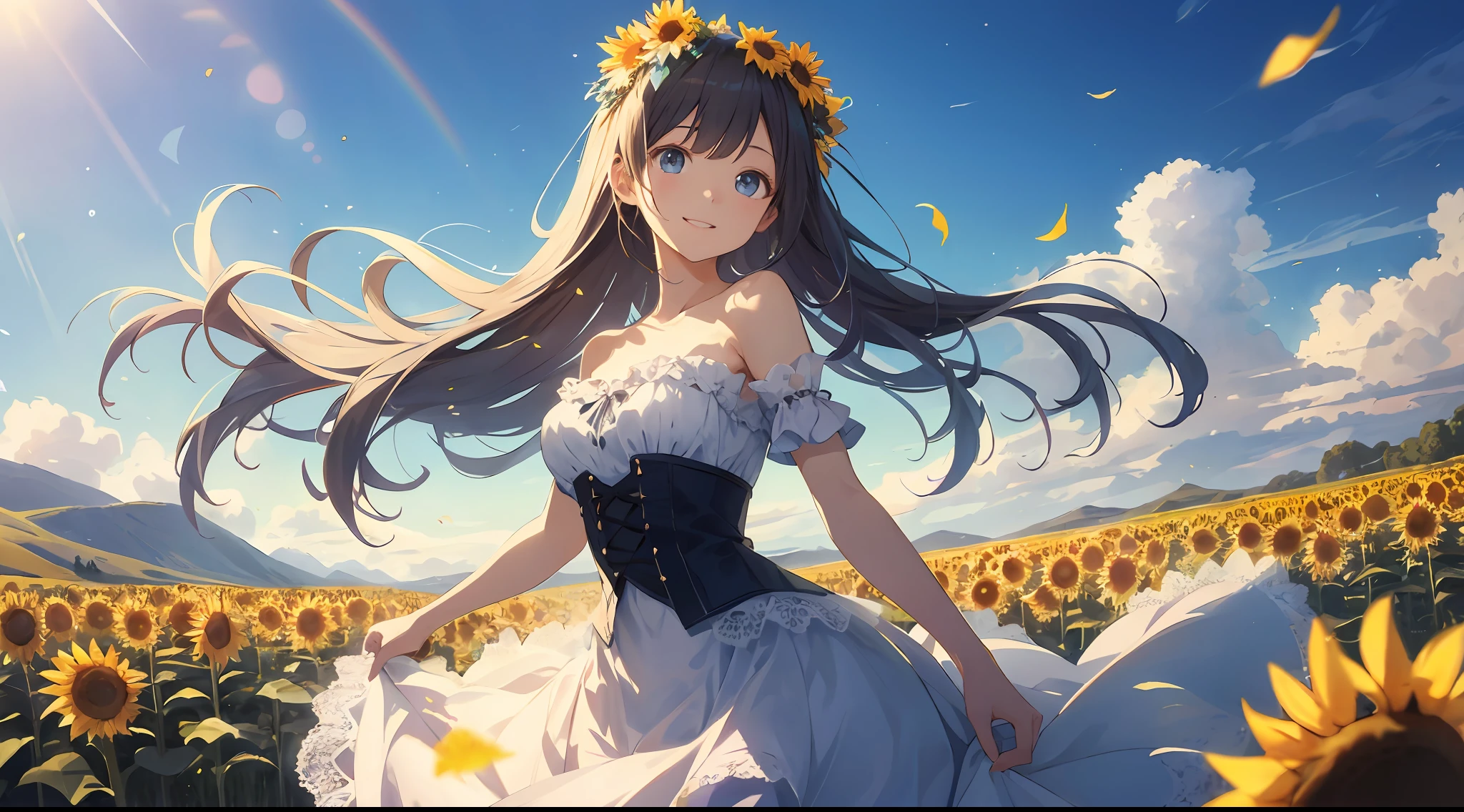 (Best Quality: 1.5), (Super Detail: 1.5), (Best Quality Photo: 1.5), blue sky, sunflower field as far as the eye can see, summer sky, rainbow, scenic, beautiful landscape, light particles, very delicate and beautiful, very detailed, bioluminescence, cinematic light, mysterious, cinematic angle, 8k resolution, elegant, perfect, smooth, princess looking far away, very cute, smile, (delicate and beautiful eyes: 1.2), ( Girl: 1.5), Lace, Ribbon, Strapless, Hundred Flowers Disturbance, Refreshing Wind, Dancing Petals,