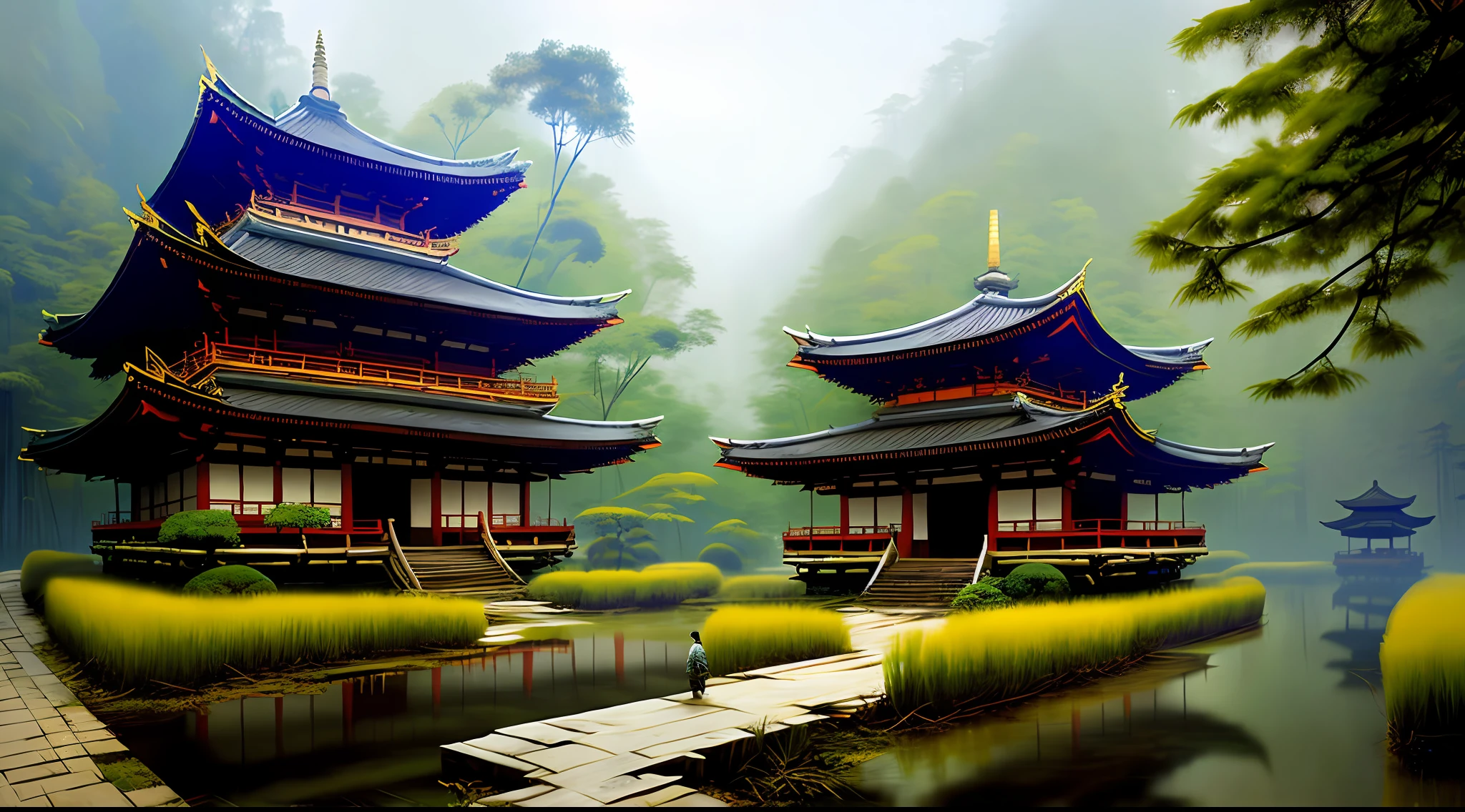 a single traditional temple in the bamboo forest, arashiyama bamboo forest, stefan koidl inspired, bussiere rutkowski andreas rocha,  inspired by Tomasz Jedruszek, inspired by Golden Pavilion, dark cinematic concept art, eerie nostalgic concept art, inspired by Igor Kieryluk, inspired by Ismail Inceoglu,
