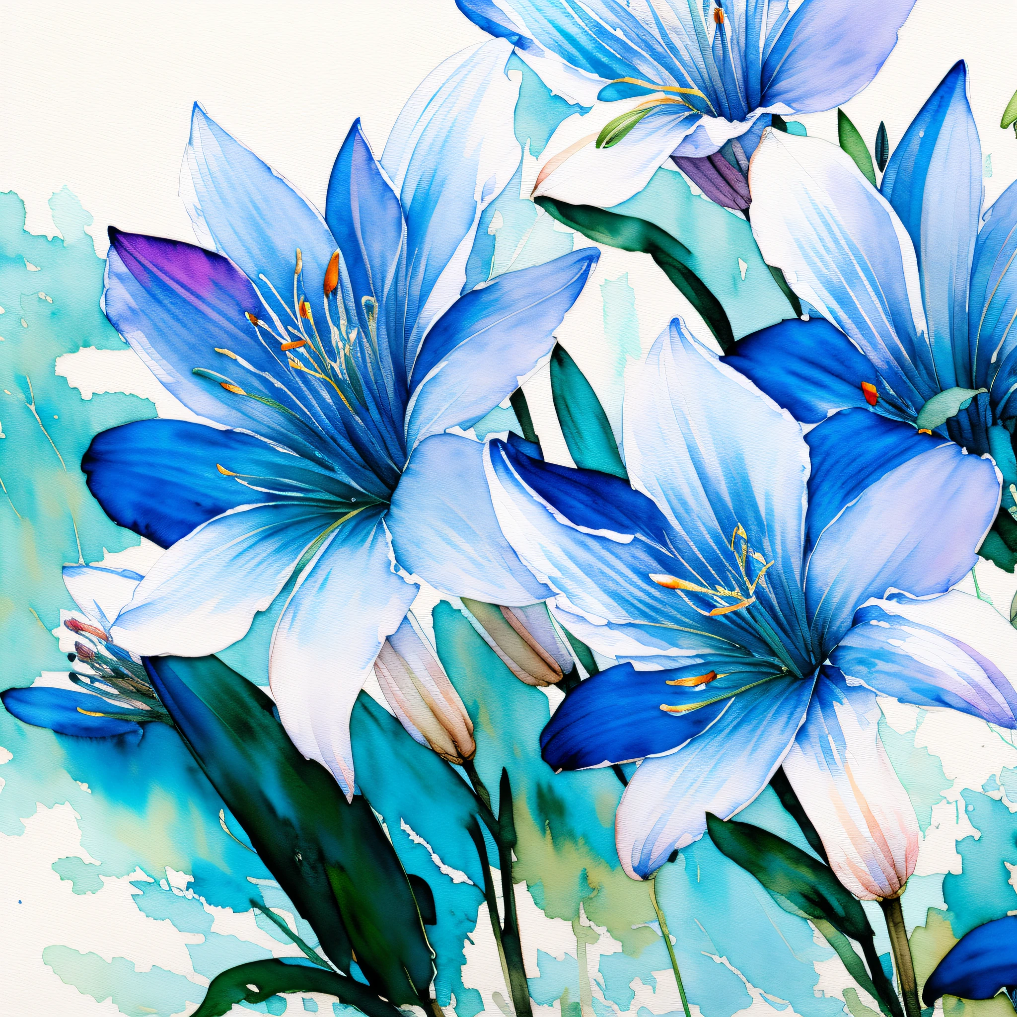 wtrcolor style, digital art of (Blue Lilies), official art, blown by the wind, masterpiece, beautiful, ((watercolor)), splashes of paint, intricate details. Great detail, [pinging: 0.5], trend on Artstation, Rachel Walker