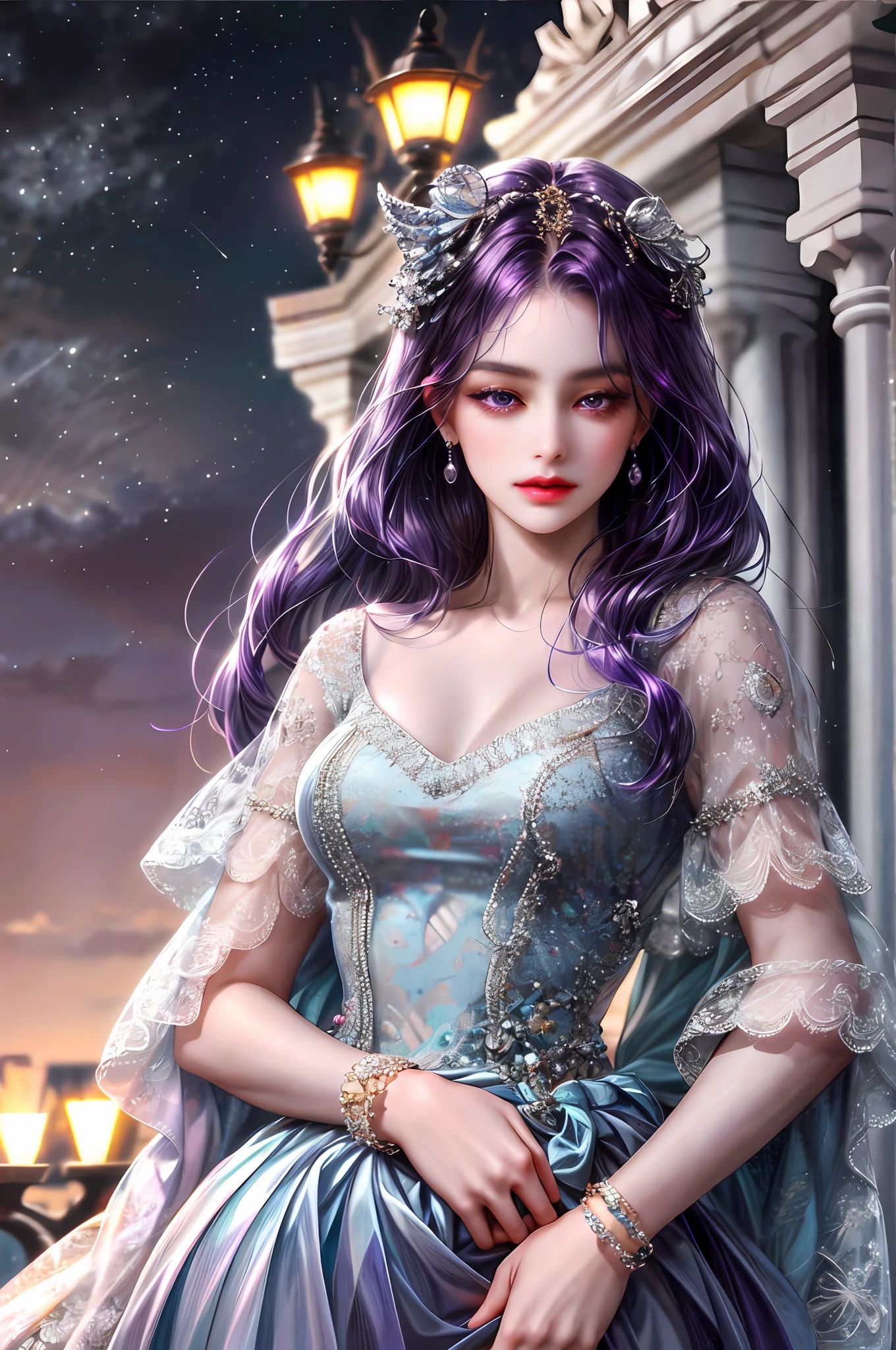 ( High quality , ultra detailed, careful with hand )Zodiac - Scorpio goddess , similar to latin goodness . Emotional, determined, inquisitive, industrious face . Jealous, compulsive, unforgiving style . Deep purple eyes (eyes detail) , purple hair with bling bling , transparent dress , in the ocean with moonlight , whole body , cute but sexy and brave make up look . Feminine and pure .