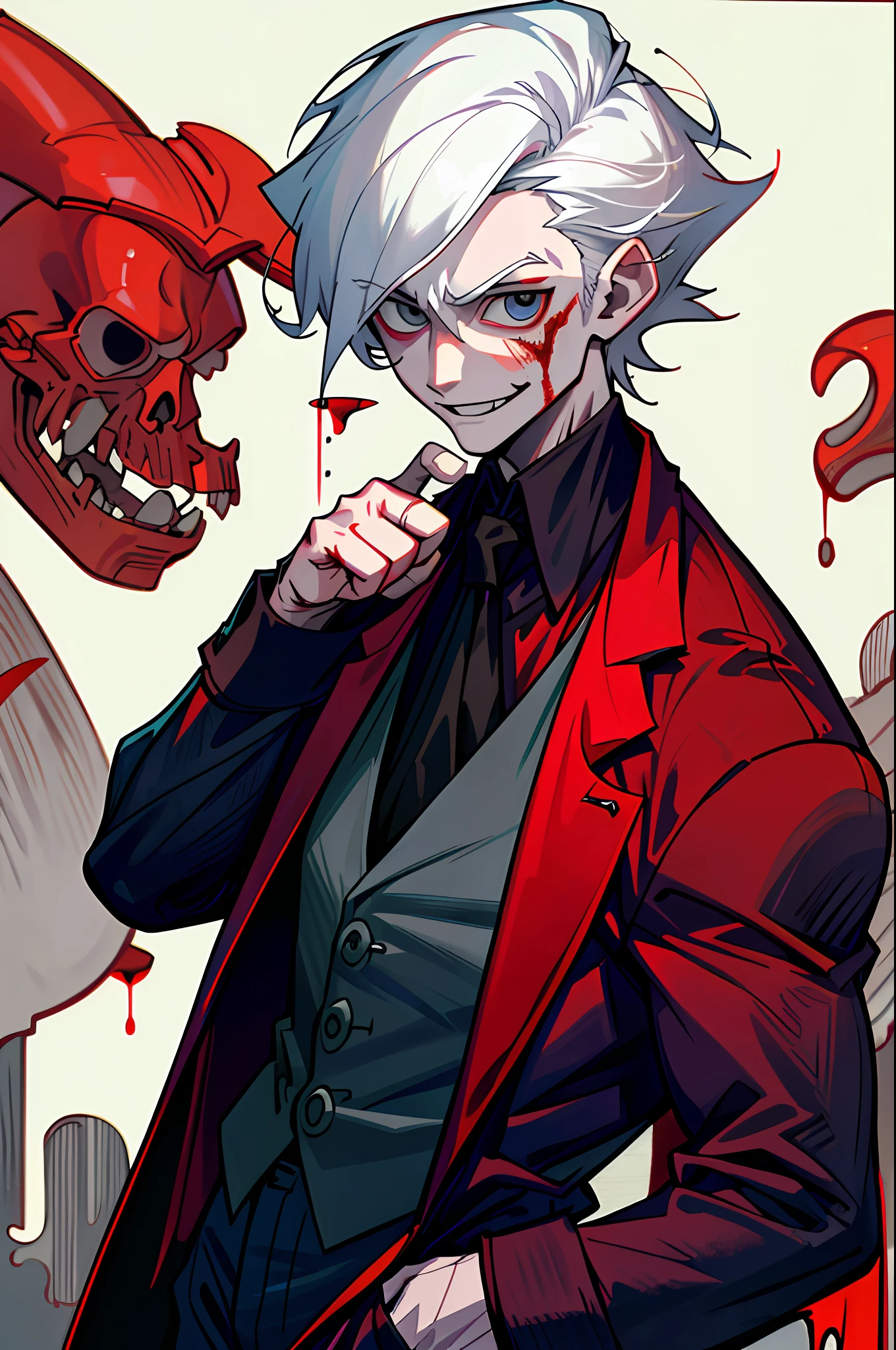 (best quality, masterpiece), 1boy, upper body, injury, blood splatter, blood, formal, looking down, looking at viewer, white hair, vampire, hand in pocket, muscular, smile, dark mood