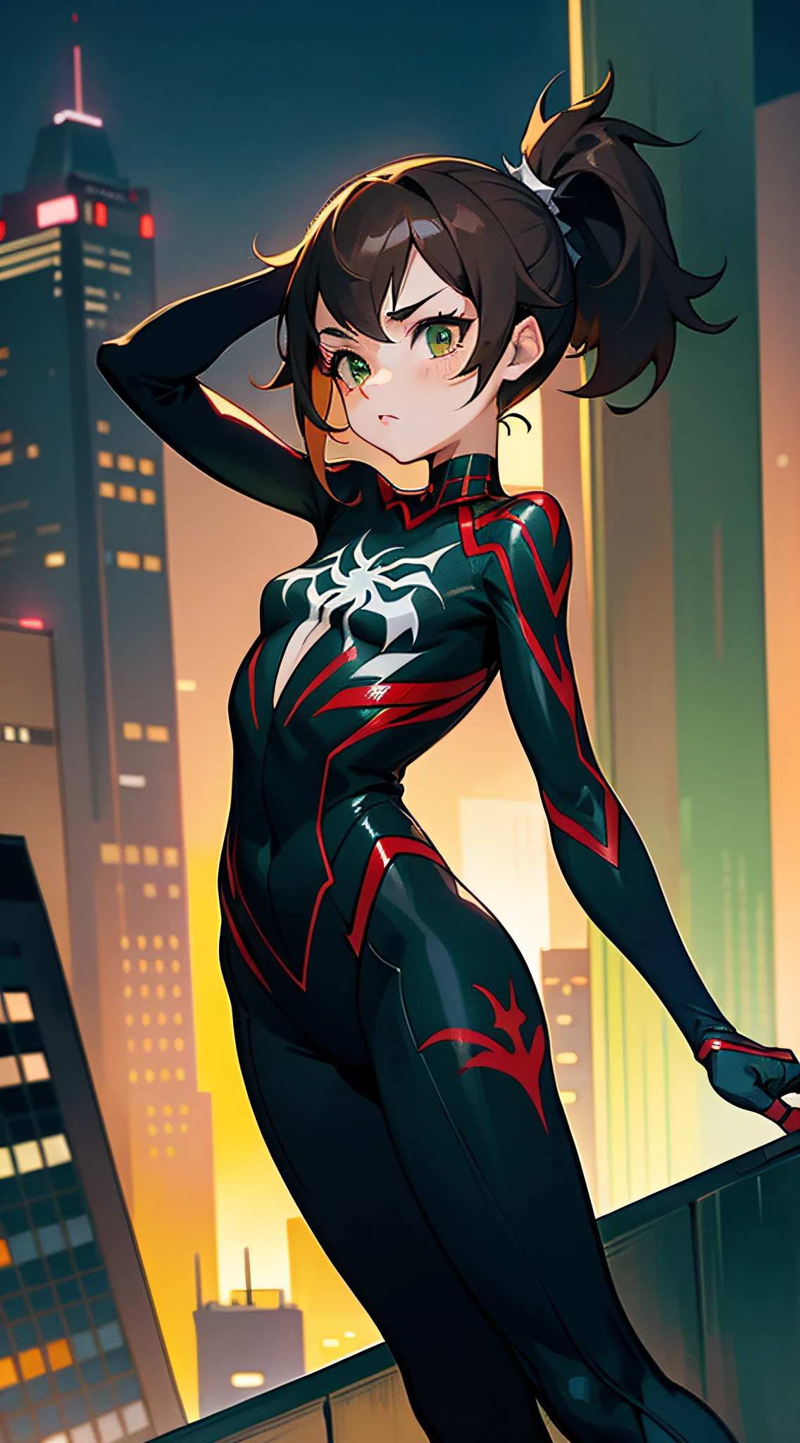 1girl, flat chest, petite, teenage, brown hair, side ponytail, green eyes, venom cosplay, city, skyscraper, on top of building, spider-man pose, (night),