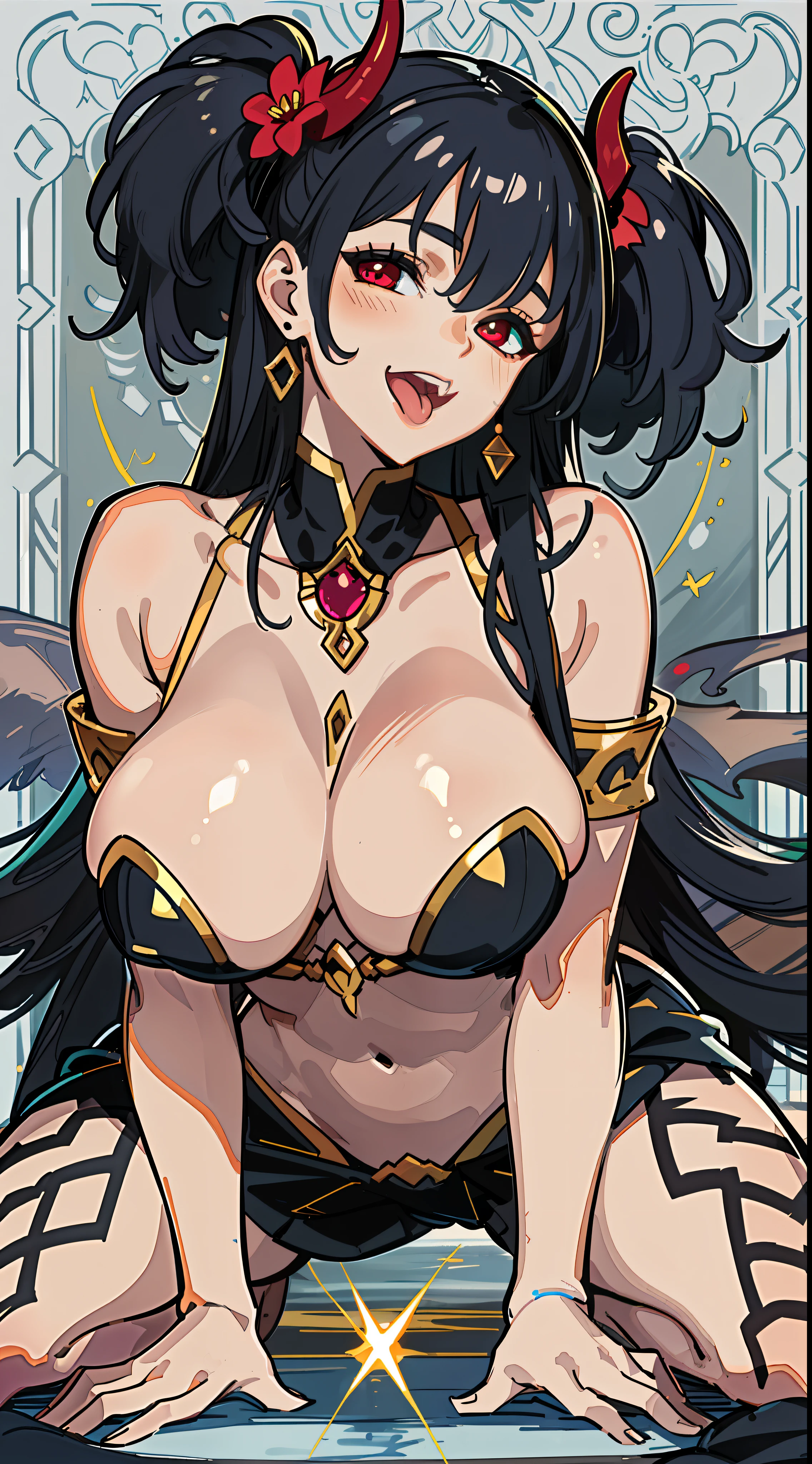 (Close-up, 16K, Best Quality, High Detail, Rich Skin Detail, UHD), Female Succubus, Visible All Over, Kneeling on the Ground, Submissive, Mature Female, Very Big Breast, Exposed Navel, Sticking Out Her Tongue, Laughing Lewdly