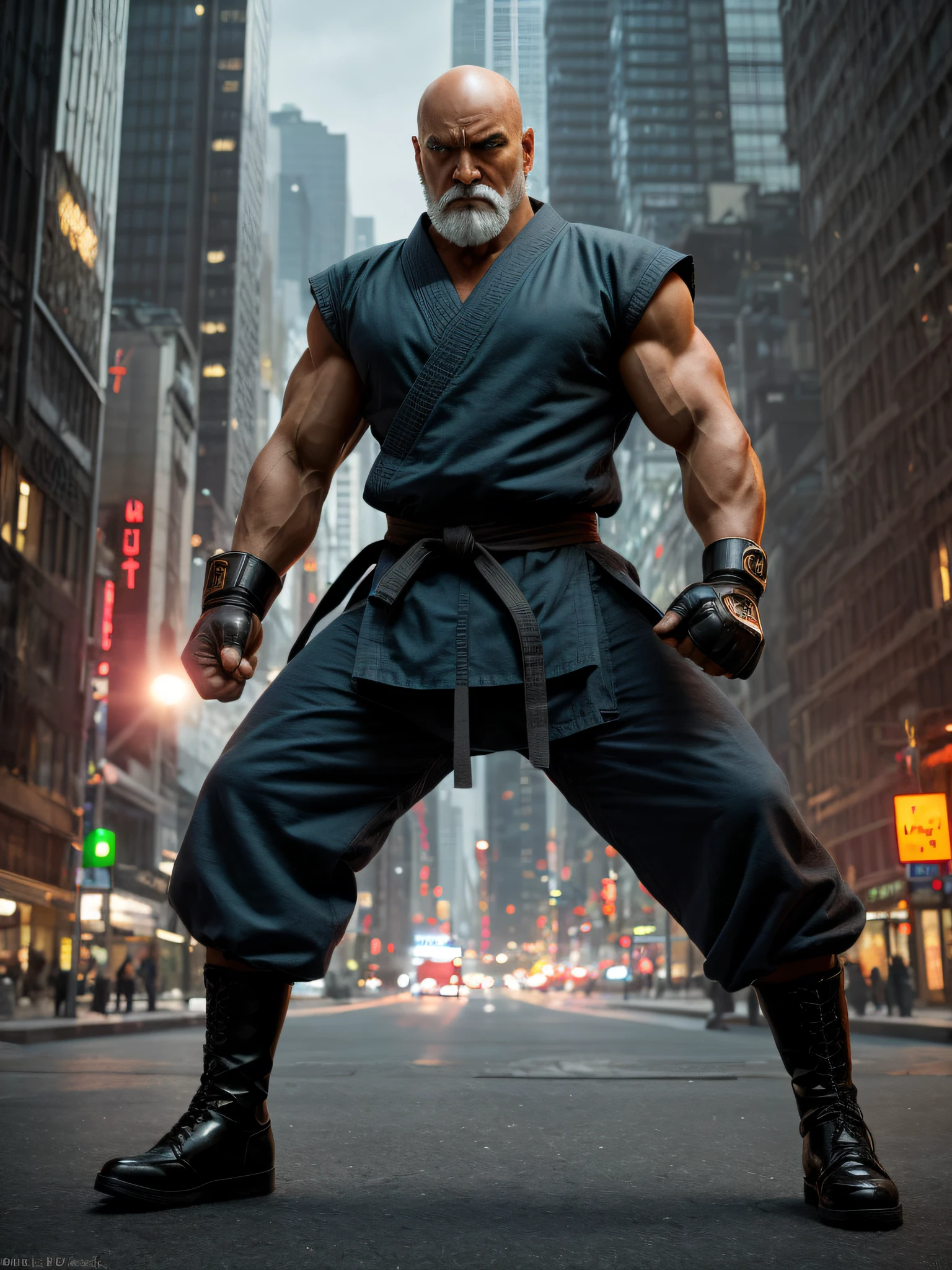 Street Fighter Old Man Character Concept ((Super Forte)), a true martial arts master who has spent decades honing his skills. This character is a true masterpiece, with an unparalleled quality and an ultra-realistic level of detail. Its environment is a scene of urban destruction, with a cracked concrete floor and a background of crumbling skyscrapers. The carefully crafted shadows and contrast give a sense of depth and realism to the setting. The clear sky contrasts with the darkness of the city, creating an atmosphere of tension. The style, seen in viewer 1.2, with skin texture and film grain of 1.3, adds an element of nostalgia and authenticity. The ultra-high resolution of 16K is perfectly rendered with Octane Render, creating a visual experience that is truly stunning. This character is a true masterpiece that will captivate audiences and inspire other artists.