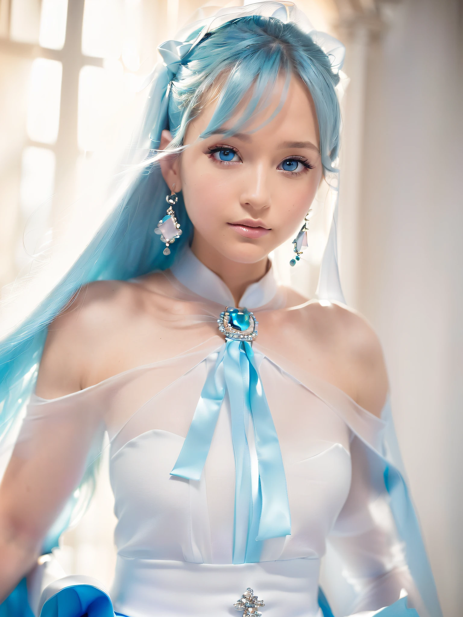 ((Masterpiece)), (Best Quality)), (Ultra Detail), Best Quality,1 pretty woman, Blue eyes, Fair skin, Detailed face, Straight hair, Long hair, Sky blue hair,(((Sky blue see-through dress)),(White underwear visible under the dress))),See-through bra,(skinny),(Small breasts),White cape,Princess line,Black string tie,(Detail)+, Smile, high detail eyes, wind on stage