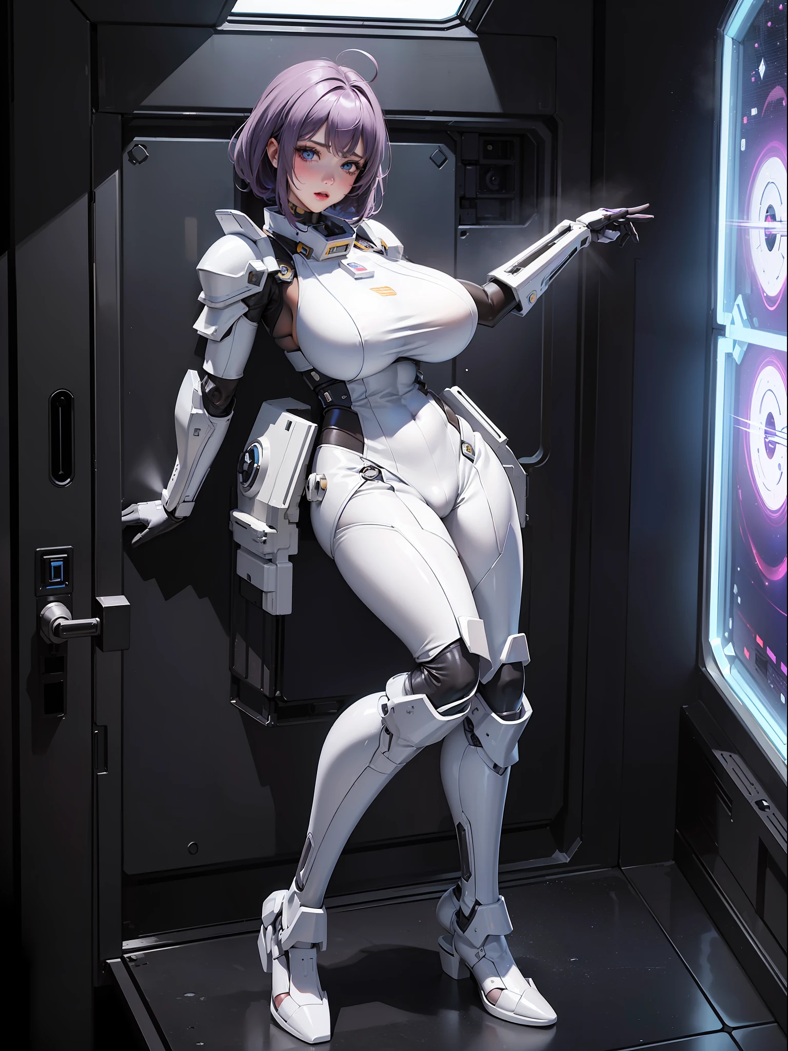 (full body photo:1.5), (one/woman/mechanical:1.5), (extremely large breasts:1.5), (all mechanical body:1.5), (with bionic armor:1.5), white with black gears, (she is inside a spaceship near the window seeing outer space:1.5), (she has very short purple straight hair:1.3), (blue eyes:1.3), (moaning:1.5), (blush:1.5), (doing sexual/standing pose/for the viewer:1.5), (anime style, Anime, 16k, high quality, textured leather, UHD, award-winning)