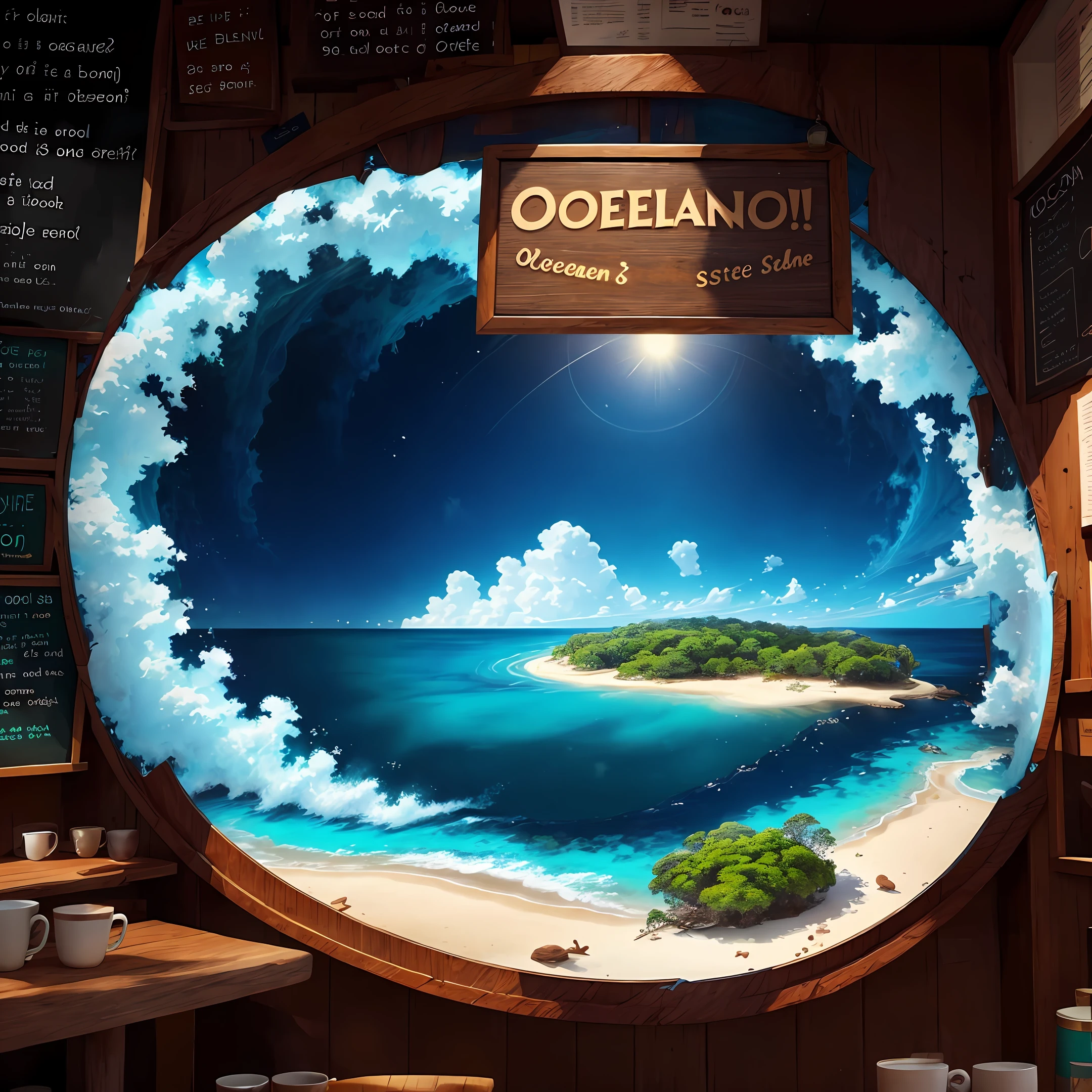 The coffee shop signboard called Ocean Island should have an island, a coast, or a circle