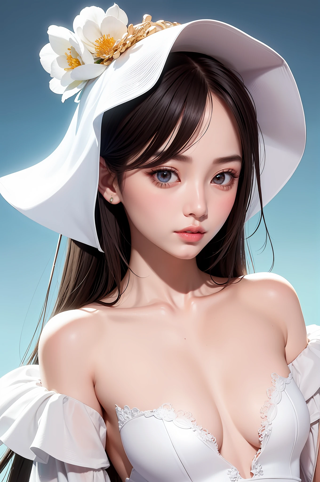 Fashion trendy beautiful and charming woman, gentle and charming Chinese beautiful woman, delicate and sexy collarbone, charming oval face, double eyelids, smart peach blossom eyes, pink lips, small nose, bare shoulders, focus on the face, close-up of the face, Ultra-high-definition, super-detailed, full-body photo, ultra-thin and light-transmitting, the white off-the-shoulder shirt perfectly echoes the light blue slit skirt, fresh and good, and can be seen through, medium breasts,