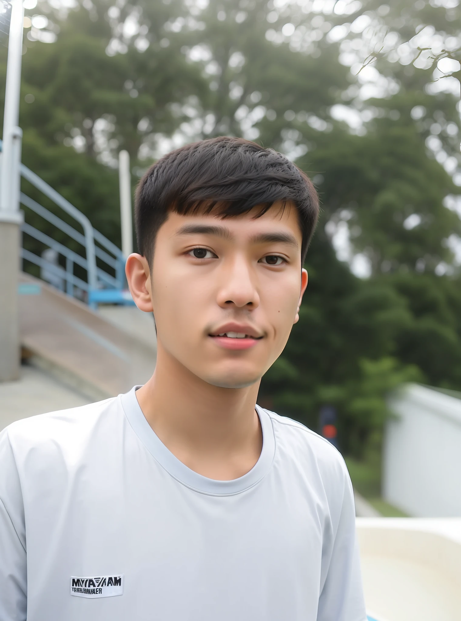 there is a young man standing in front of a skateboard ramp, nivanh chanthara, thawan duchanee, with accurate face, ayan nag, ramil sunga, 2 7 years old, picture, mohamed chahin, south east asian with round face, with a park in the background, 4 0 years old man, around 1 9 years old