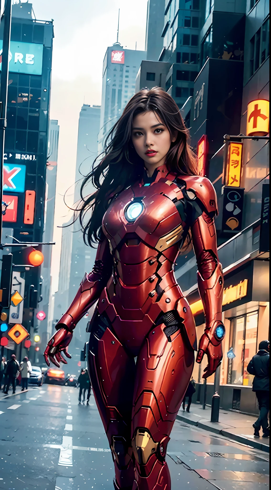 8k, realistic, attractive, highly detailed, a 20 year old girl a  and attractive woman inspired by Iron Man wearing a shiny Iron Man mech. She dresses with sexiness and confidence, perfectly interpreting Iron Man's strength and charisma. In a cyberpunk-style city night scene, a  and attractive woman takes Iron Man's cosplay as the theme. Wearing a shiny Iron Man mech, she stands on a street lined with tall buildings. The night lights of the city are bright, reflecting on her mecha, adding a sense of future technology. The surrounding buildings and streets are full of cyberpunk elements, such as neon lights, high-tech devices and futuristic architectural designs. The whole scene is full of futuristic and sci-fi atmosphere. This high-definition, high-quality picture will bring you stunning visual enjoyment, a perfect combination of , futuristic and sci-fi elements. oc rendering, dramatic lighting, award winning quality