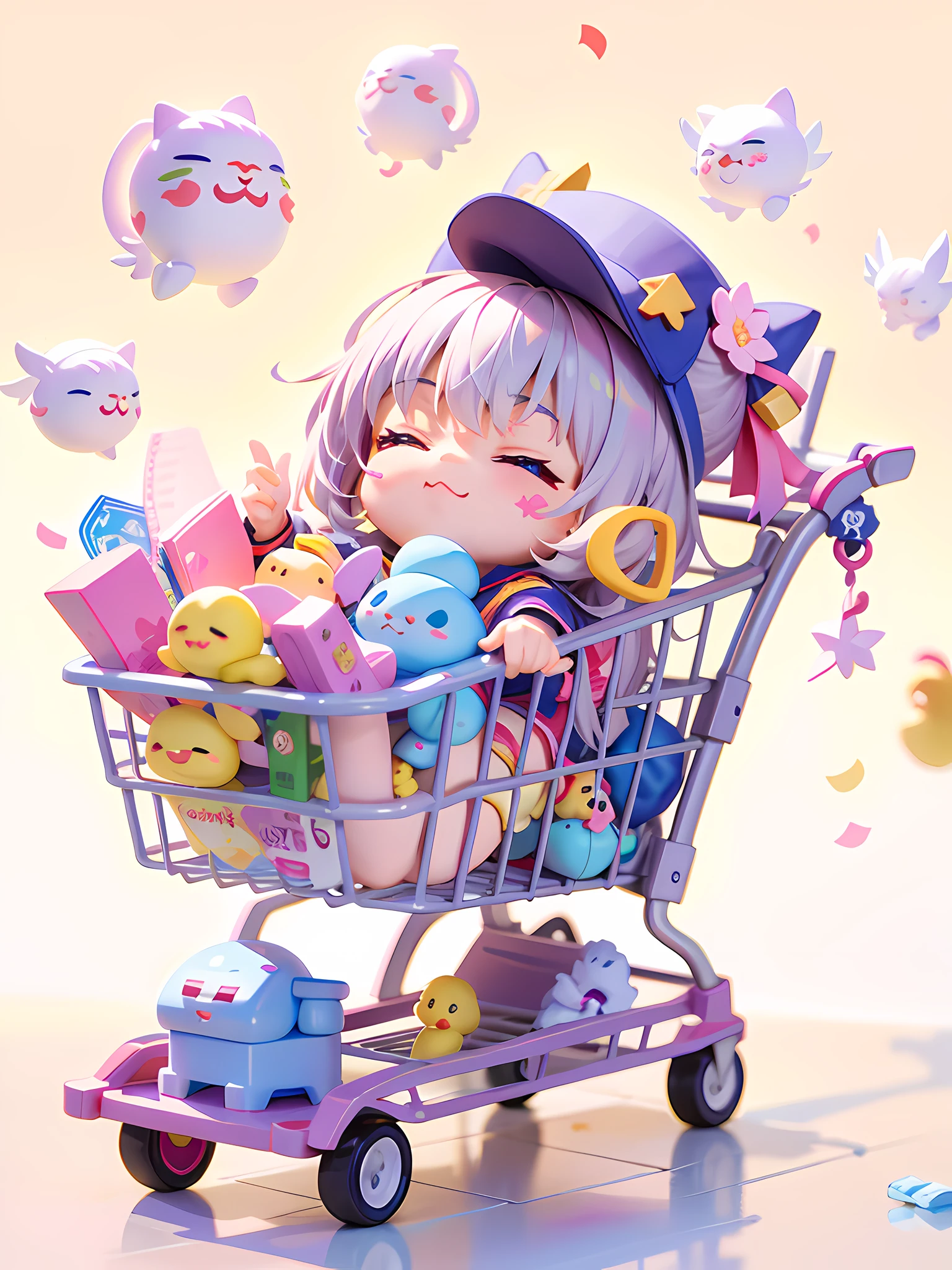character's shopping cart in korean fantasy illustration, Tiny cute isometric, emoji, 3d icon clay render, in the style of 32k uhd, rachel whiteread, magical girl, playstation 5 screenshot, anne geddes, navy, 8k