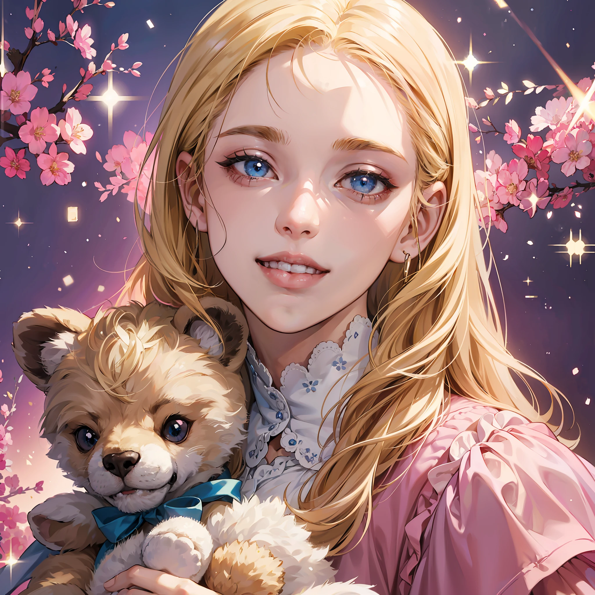 A blonde girl blue eyes (haircut sidecut), holding a teddy bear, bronco background, perfect teeth, in a pink silk dress, happy, perfect quality, clear focus (mess-house: 0.8), (masterpiece: 1.2) (Realistic: 1.2) (Bokeh) (Best quality) (Detailed Skin: 1.3) (Intricate Details) (8K) (Detail Eyes) (Sharp Focus), (Happy) --auto --s2
