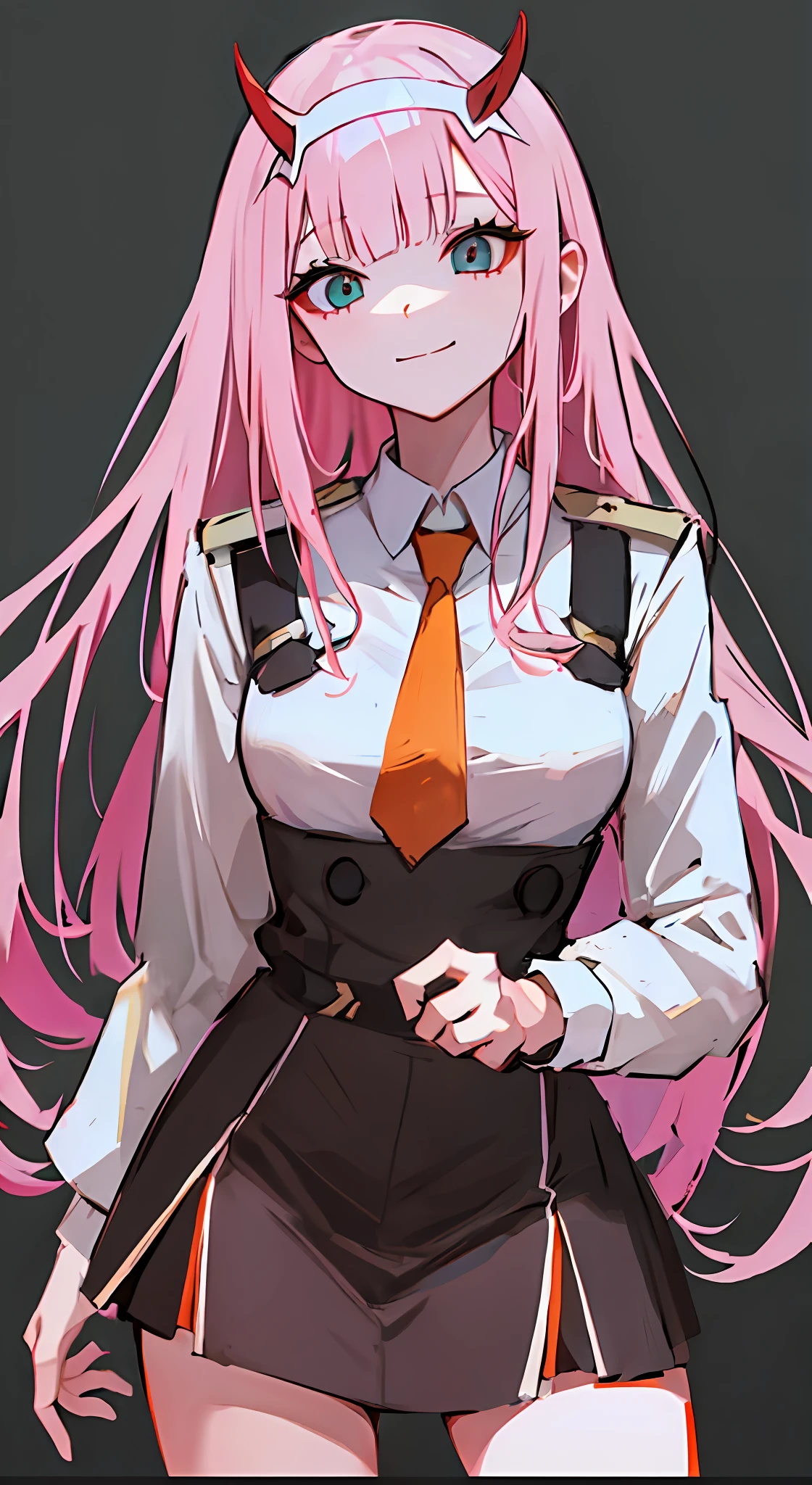 zero two, darling in franxx, 1girl, water eyes, bangs, blunt bangs, breasts, closed mouth, cowboy shot, hair band, horns, leaning forward, long hair, looking at the viewer, medium breasts, tie, oni horns, orange tie, pink hair, red horns, smile, solo, standing, straight, black background, white hair band, zero two, military clothing,white shirt,tie, best quality, detailed eye, detailed png,