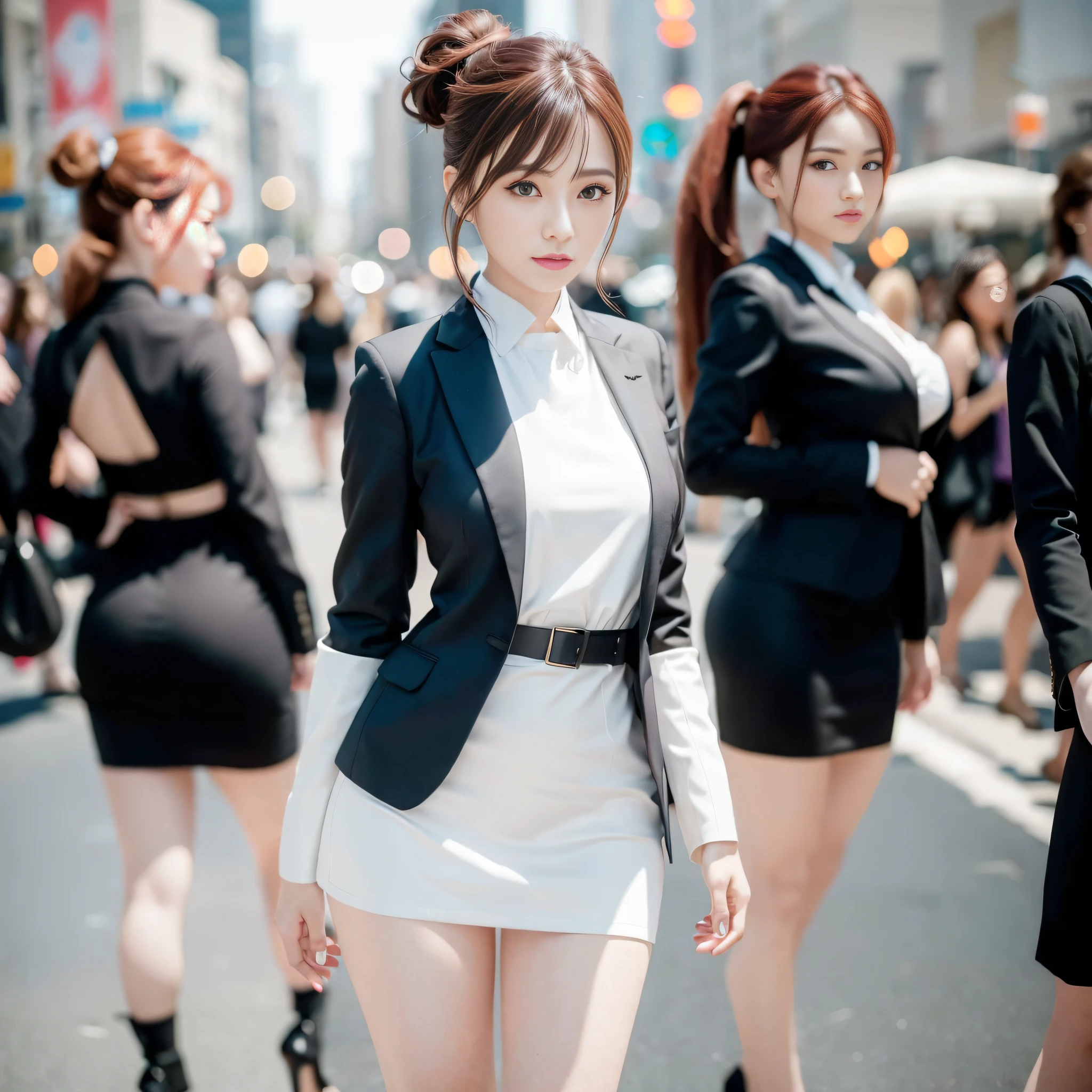 1girl, beautiful retro colors, instagram (realistic, high resolution: 1.4), ((puffy eyes)), looking at the viewer, full body (8k, RAW photo, best quality, masterpiece: 1.2), (realistic, photorealistic: 1.37), (sharp focus: 1.2), professional lighting, photon mapping, radiosity, physically based rendering, (pale skin: 1.2), (big breasts: 1.4), looking at the audience, (medium ponytail: 1.5), portrait, Purple Eyes, (Redhead: 1.1), Bangs, (City Background: 1.4), Solo, Full Body, Realistic, (Masterpiece: 1.4), (Maximum Quality: 1.4), (Brightened), Mage Sister, Makeup, Smile (Skinny, Shut Up, Shy: 1.3), (Standing, Black Flight Attendant Uniform, Soul Dancer: 1.1), Medium Bust, Sexy Pose,