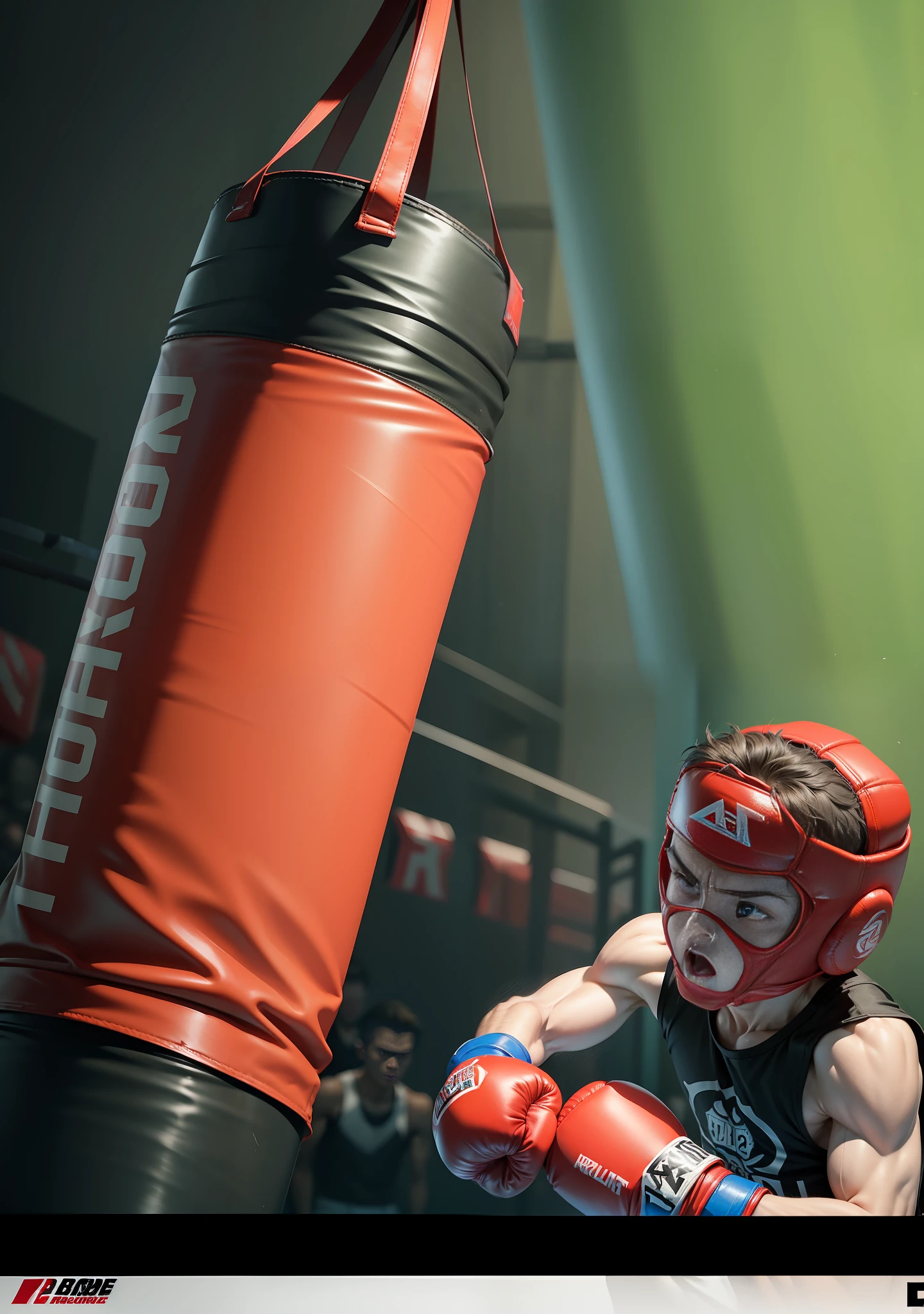 there is a FRAIL BOY wearing a red boxing mask and a red boxing bag, punching in a bag, boxing, punching, in a boxing ring, kickboxing, fighting, boxing match, fight, boxing ring, knockout, boxing gloves, boxing clowns, sparring, intense fight, best in adobe stock, fights, boxer, intense battle, inflatable --auto --s2