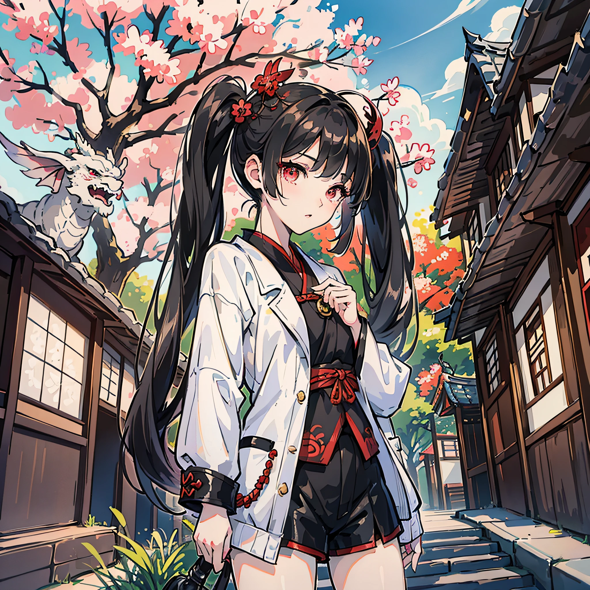 hu tao,genshin impact,an extremely delicate and beautiful girl,twintails,black hair,red eyes eyes,shorts,black jacket,leather shoes,white short socks,flower shaped pupils, Washitsu, Kyoto animation style, extremely beautiful detailed anime face and eyes, upper_body, from_side, lips, head_tilt, flat chest, girl,woman,female, young,20 years old, Japanese style architecture, outdoors, a dragon stands behind the girl, lens flare, highres, --auto --s2