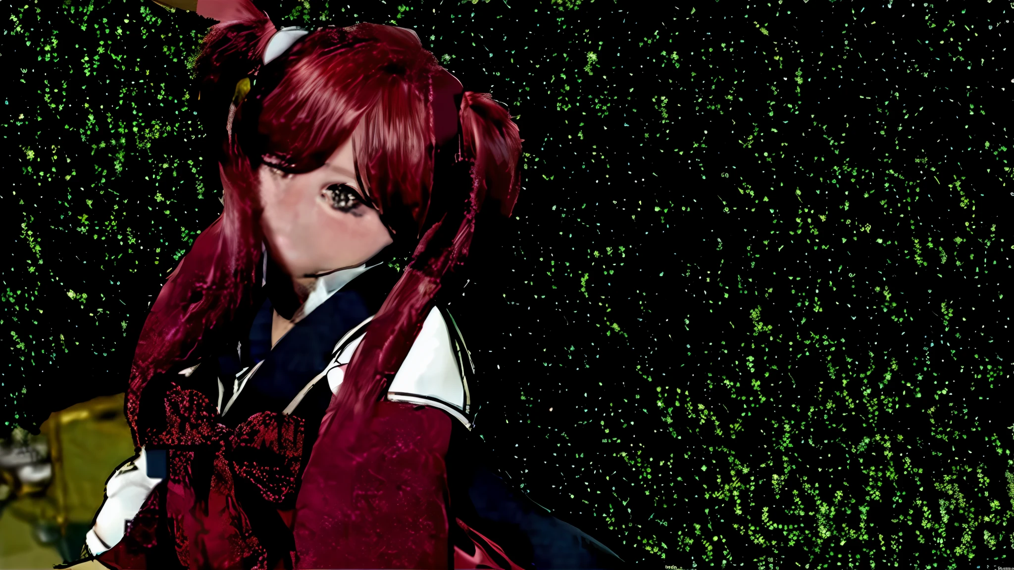(masterpiece, top quality), solo, 1 girl, expressionless, mouth closed, watch viewer, hands in their own hair, sailor suit, plaid skirt, twin tails, red hair, red eyes