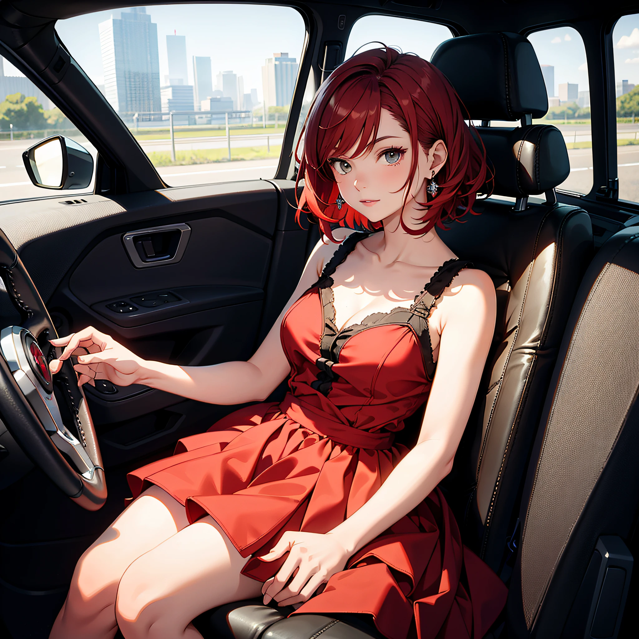 Absurd resolution, high resolution, (masterpiece: 1.4), hyperdetail, 1 young woman, short red hair, red fashion dress, rich princess, sitting in a jeep, driving on the highway