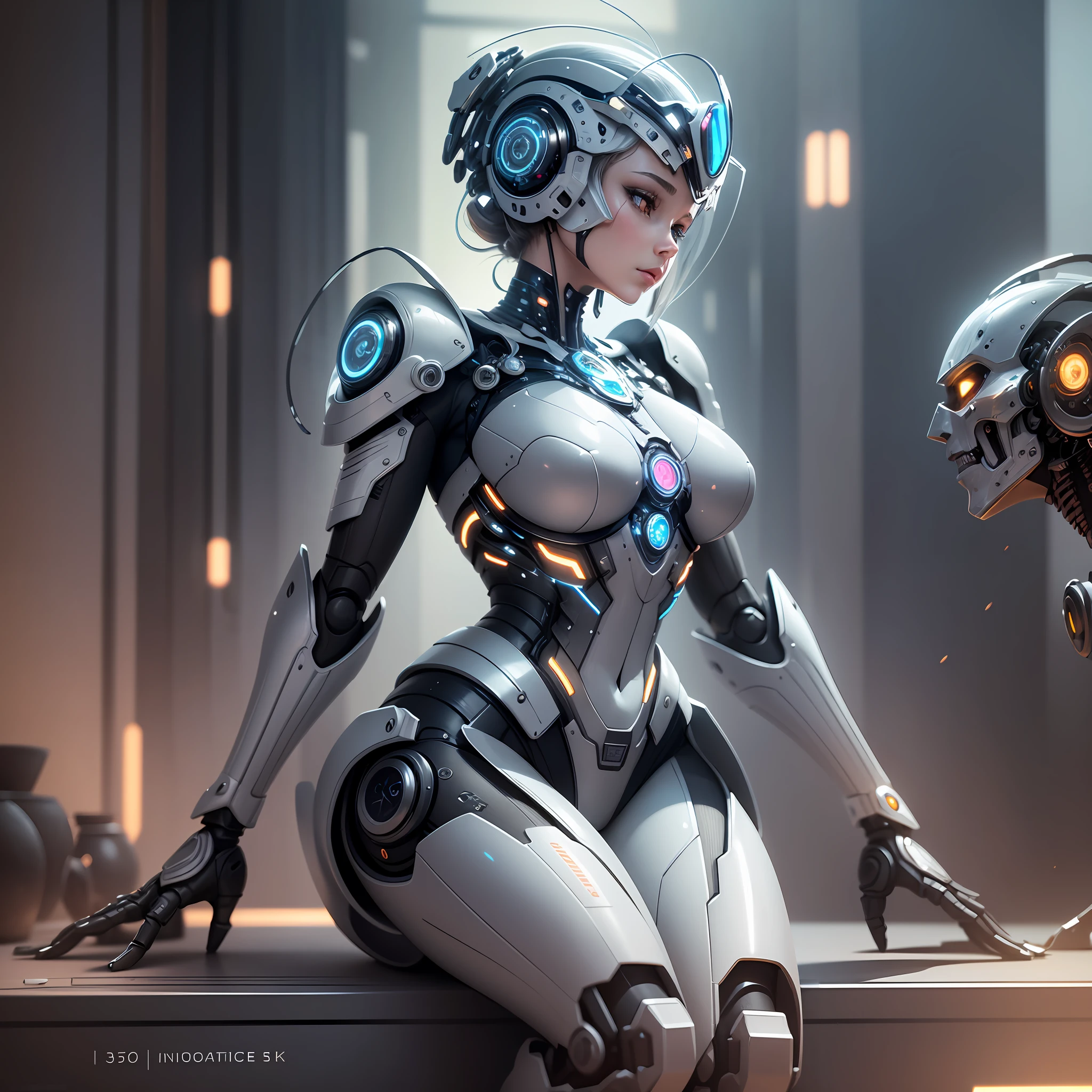 Intricate 3d rendering of highly detailed beautiful ceramic silhouette female robot face, cyborg, robotic parts, 150 mm, beautiful studio soft light, rim light, vibrant details, luxury cyberpunk, lace, surreal, anatomy , Facial Muscles, Cable Wires, Microchip, Elegant, Beautiful Background, Octane Rendering, HR Giger Style, 8k, Best Quality, Masterpiece, Illustration, Very Delicate and Beautiful, Very Detailed, CG, Uniform, Wallpaper, (fidelity, fidelity: 1.37), amazing, fine detail, masterpiece, best quality, official art, very detailed cg unity 8k wallpaper, absurd, unbelievably absurd, robot, silver helmet, full body , sit and write --auto --s2