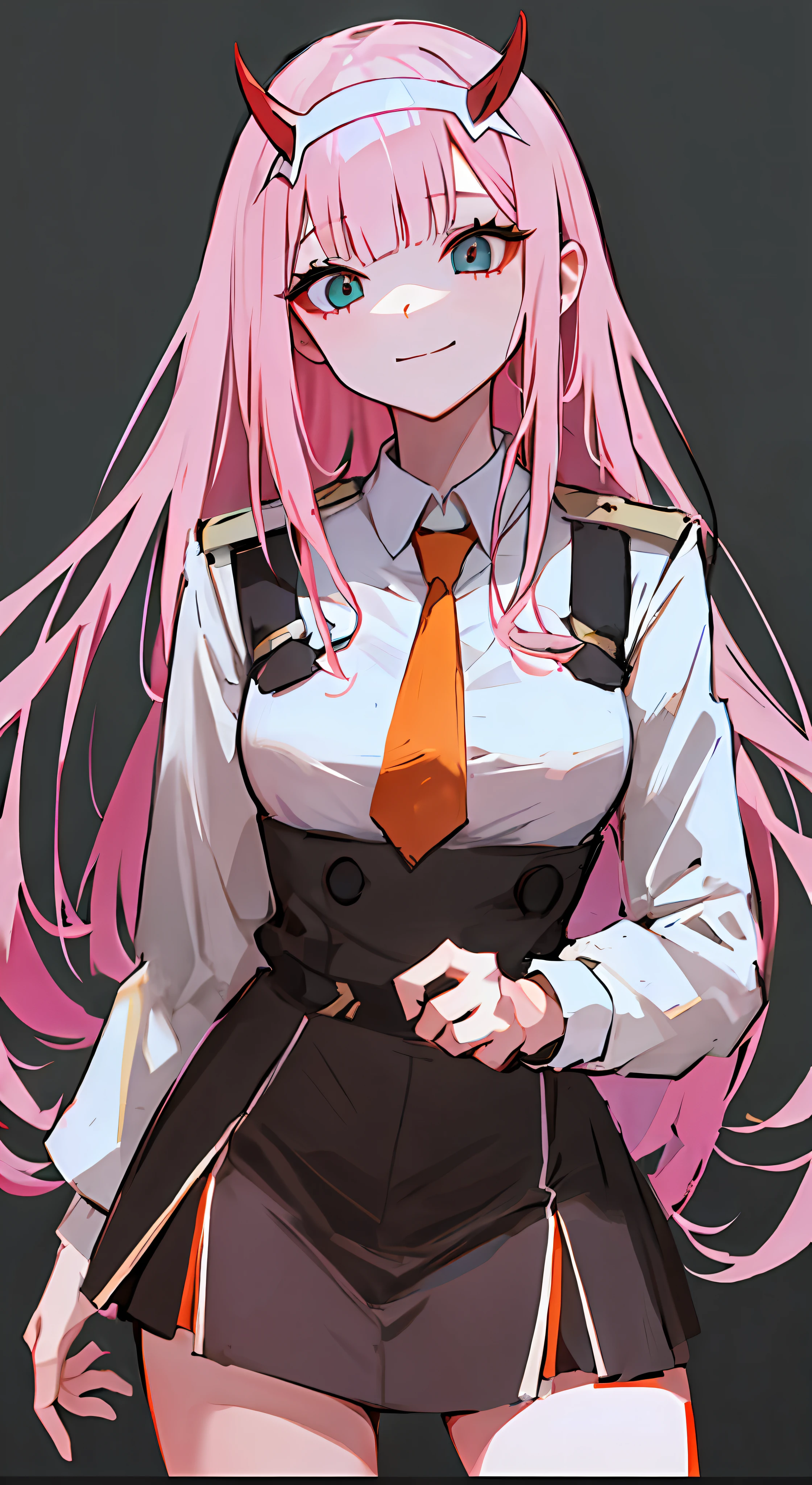 zero two, darling in franxx, 1girl, water eyes, bangs, blunt bangs, breasts, closed mouth, cowboy shot, hair band, horns, leaning forward, long hair, looking at the viewer, medium breasts, tie, oni horns, orange tie, pink hair, red horns, smile, solo, standing, straight, black background, white hair band, zero two, military clothing,white shirt,tie, best quality, detailed eye, detailed png,