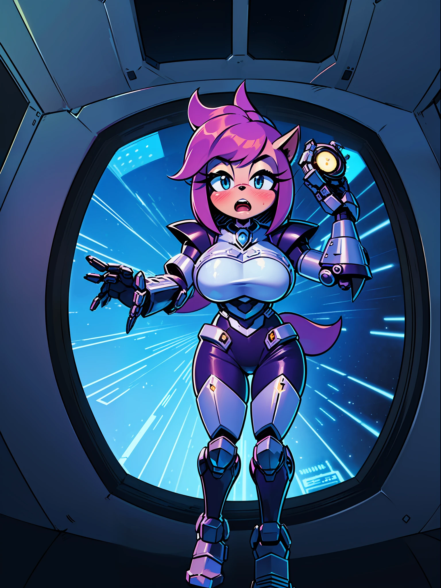 (full body photo:1.5), (one/woman/mechanical:1.5), (extremely large breasts:1.5), (all mechanical body:1.5), (with bionic armor:1.5), white with black gears, (she is inside a spaceship near the window seeing outer space:1.5), (she has very short purple straight hair:1.3), (blue eyes:1.3), (moaning:1.5), (blush:1.5), (doing sexual/standing pose/for the viewer:1.5), (anime style, Anime, 16k, high quality, textured leather, UHD, award-winning)