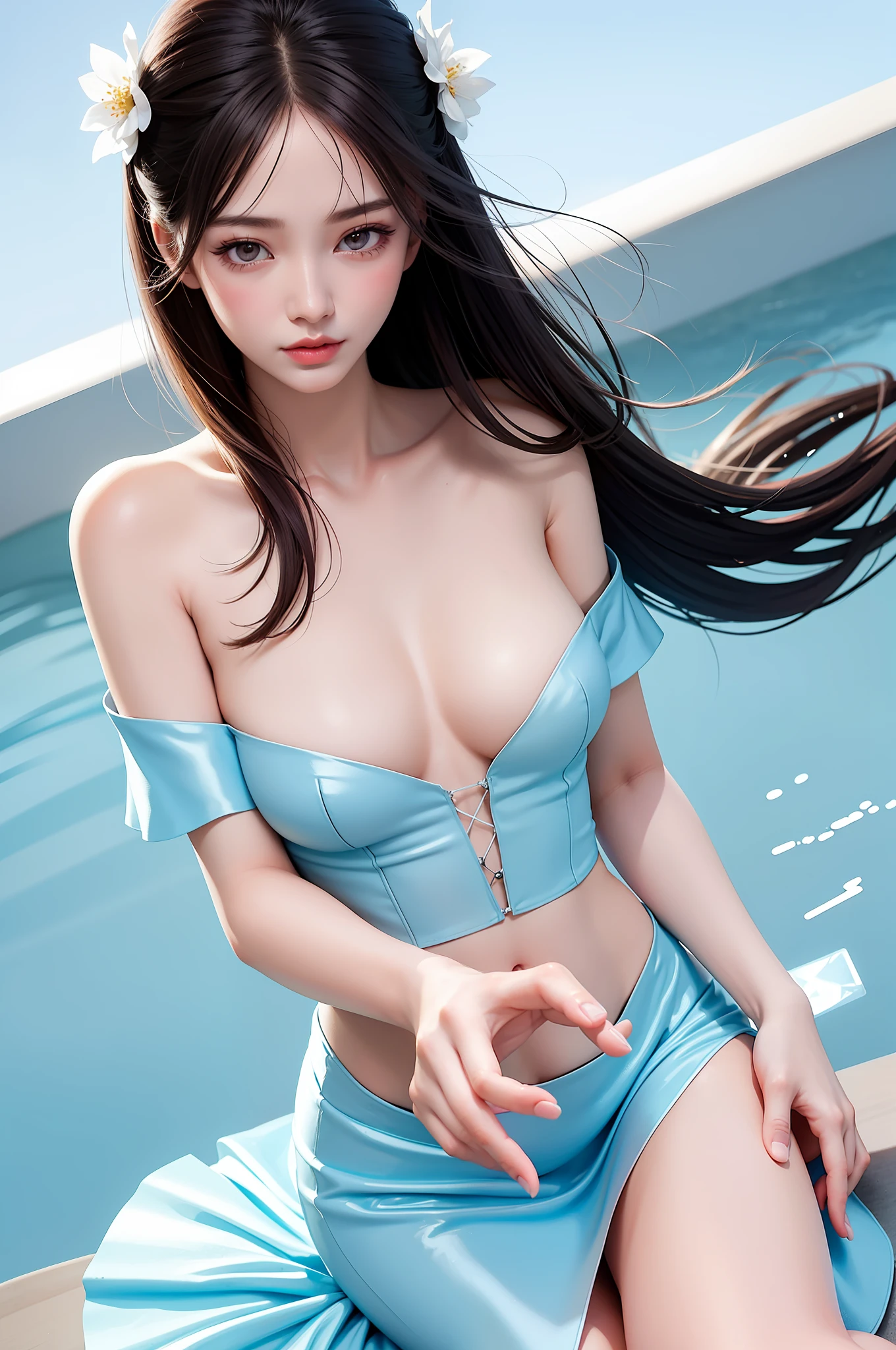 Fashion trendy beautiful and charming gentle and charming Chinese beautiful lady, delicate and sexy collarbone, charming oval face, double eyelids, smart peach blossom eyes, pink lips, small nose, bare shoulders, focus on the face, close-up of the face, Ultra-high-definition, super-detailed, full-body photo, ultra-thin and light-transmitting, the white off-the-shoulder shirt perfectly echoes the light blue slit skirt, fresh and good, and can be seen through, big breasts,
