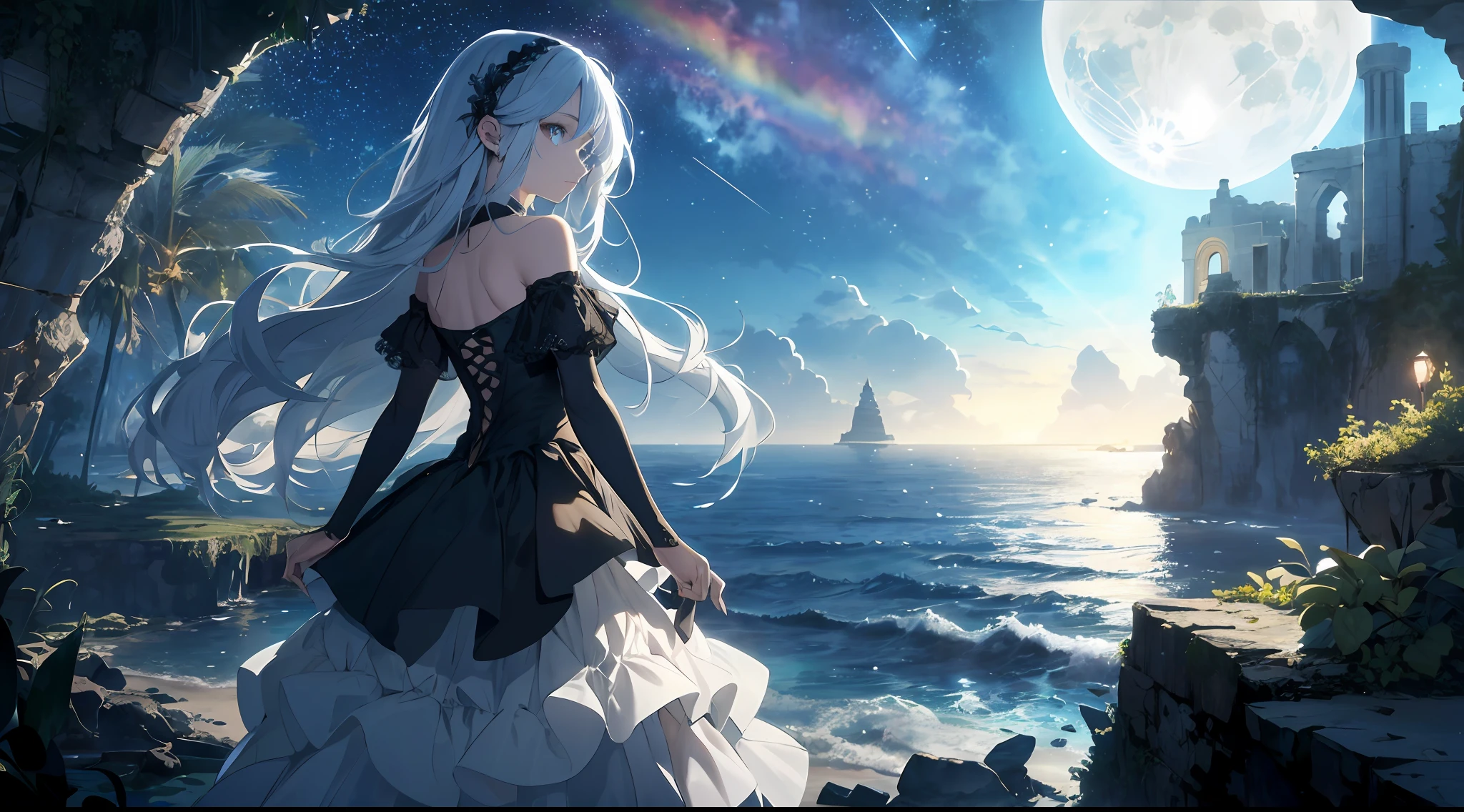 (Best Quality: 1.5), (Super Detail: 1.5), (Best Quality Photo: 1.5), Sunken ruins, ocean as far as the eye can see, horizon, pitch black sea, full moon night, rainbow, midnight, scenic, beautiful landscape, galaxy, nebula, full of stars, particles of light, very delicate and beautiful, very detailed, bioluminescence, cinematic light, mysterious, cinematic angle, 8k resolution, elegant, perfect, smooth, beautiful girl looking far away, very cute, serious eyes, (delicate and beautiful eyes: 1.2), (girl: 1.5),lace,ribbon,strapless,luxurious accessories