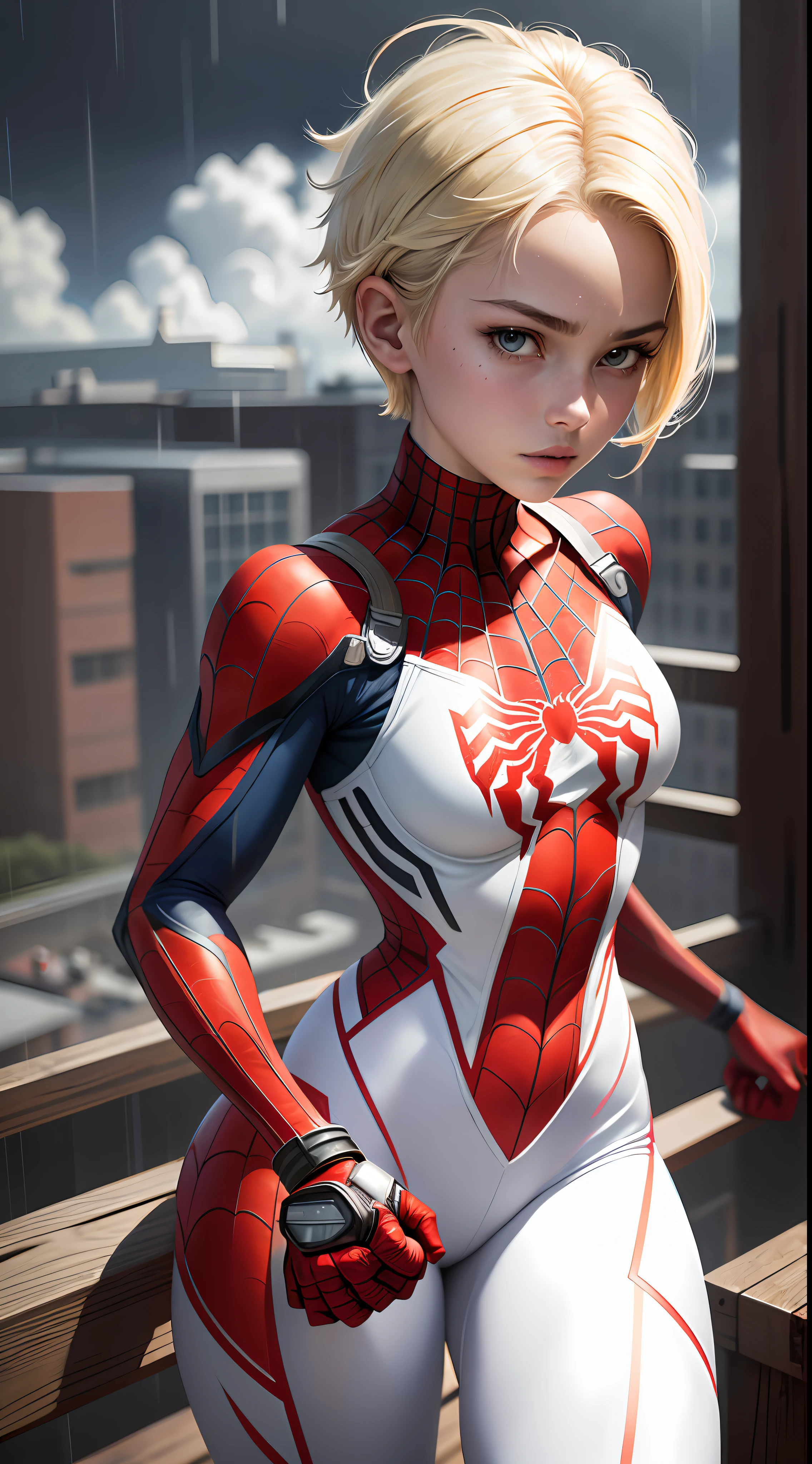 18 year old girl, upper body, red Spider-Man suit, white leggings, short hair, blonde hair, beautiful face, fighting stance, rain, roof, masterpiece, exquisite details, perfect anatomy