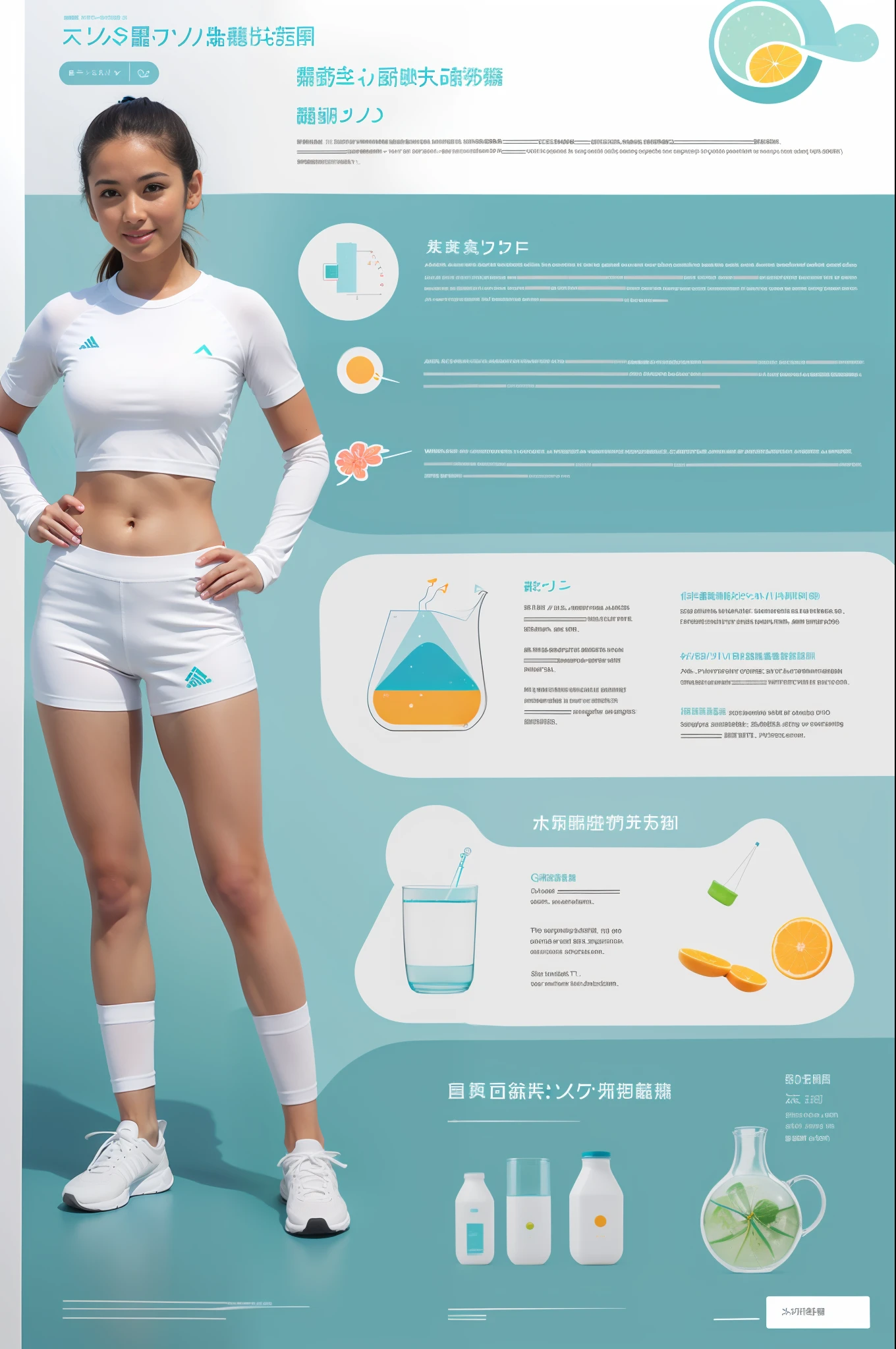 brightly lit photo, woman in white athleisure outfit, infographic, japanese text, detail, high tech, aqua, water, scientific diagram, frutiger aero, nutrition