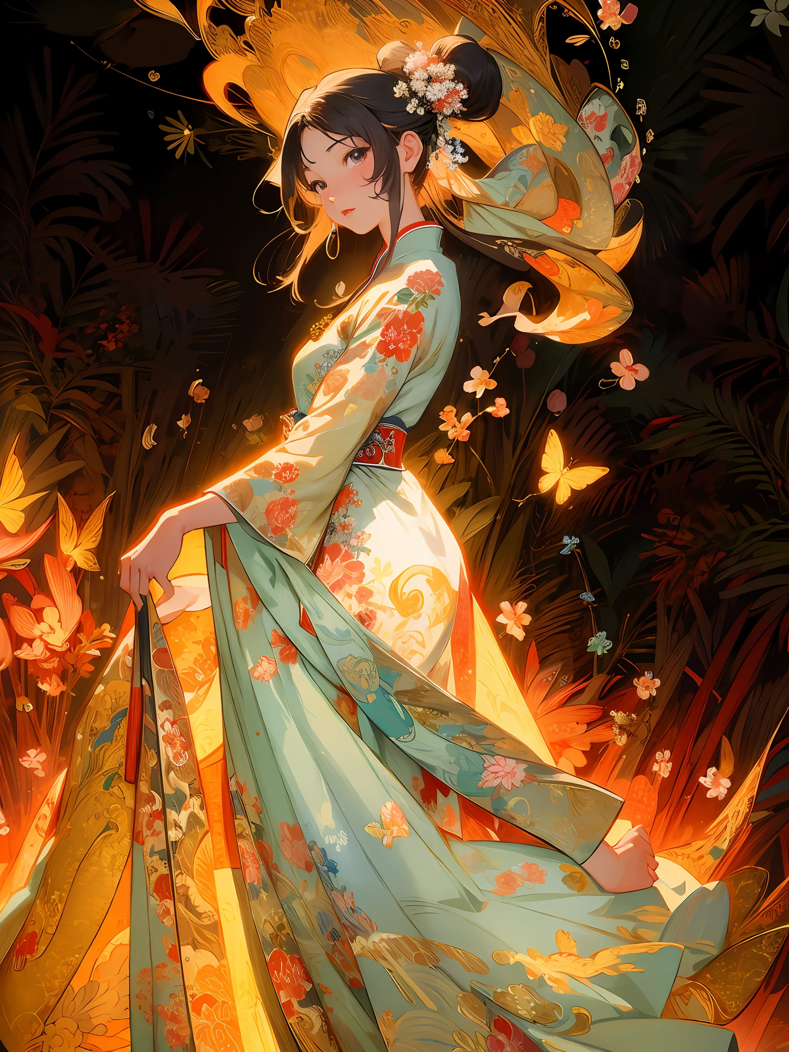 Masterpiece, high quality, highly detailed, (flat color), (pixiv:1.4), Gongbi painting of the Song Dynasty, 1girl, solo, detailed beautiful face and eyes, china dress, detailed background, flowers, illustration, vivd color, cinematic lighting,