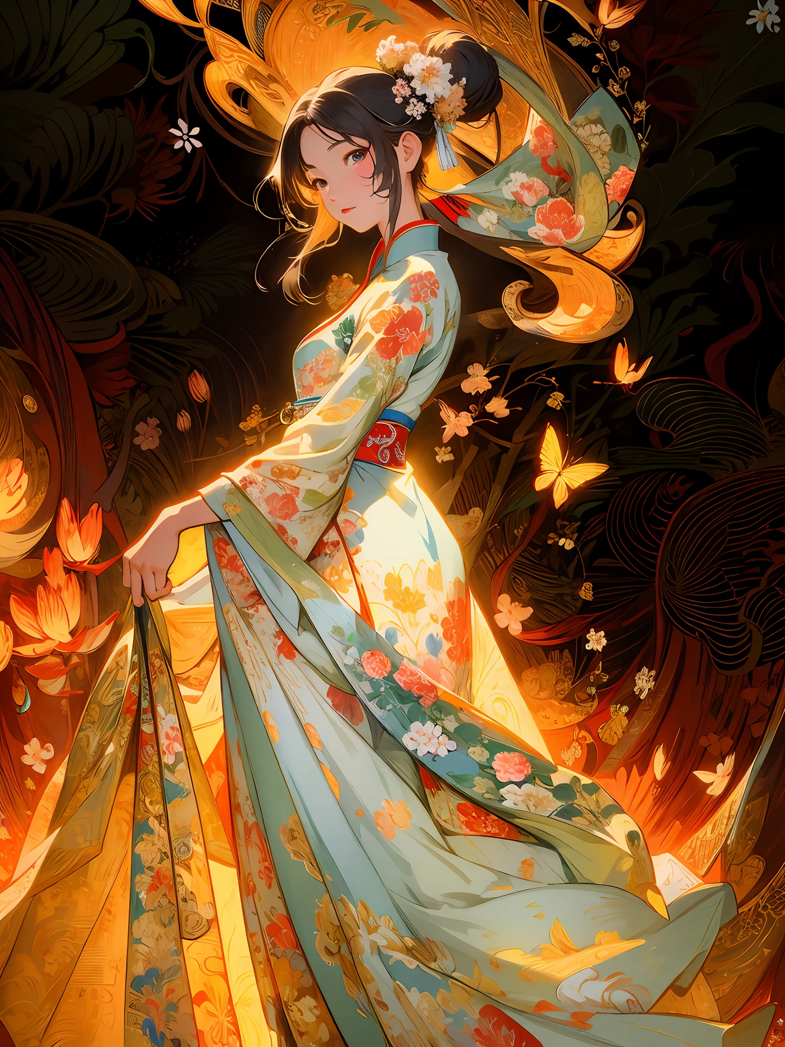 Masterpiece, high quality, highly detailed, (flat color), (pixiv:1.4), Gongbi painting of the Song Dynasty, 1girl, solo, detailed beautiful face and eyes, china dress, detailed background, flowers, illustration, vivd color, cinematic lighting,