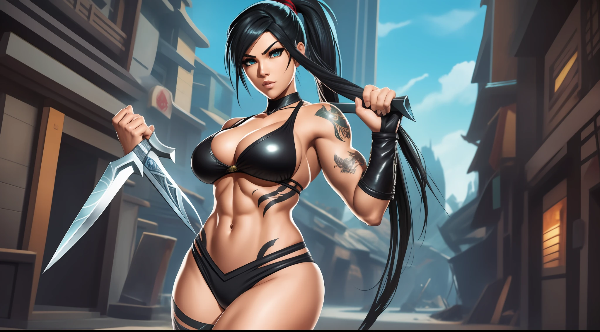 league of legends, akali, ninja, kunai, tattoos, ponytail bikini, c string, gloves, no fingers, sleeveless, huge breasts, cleavage, black hair, red eyes, wide hips, thick thighs, muscles, abs, action pose, marvel comic style