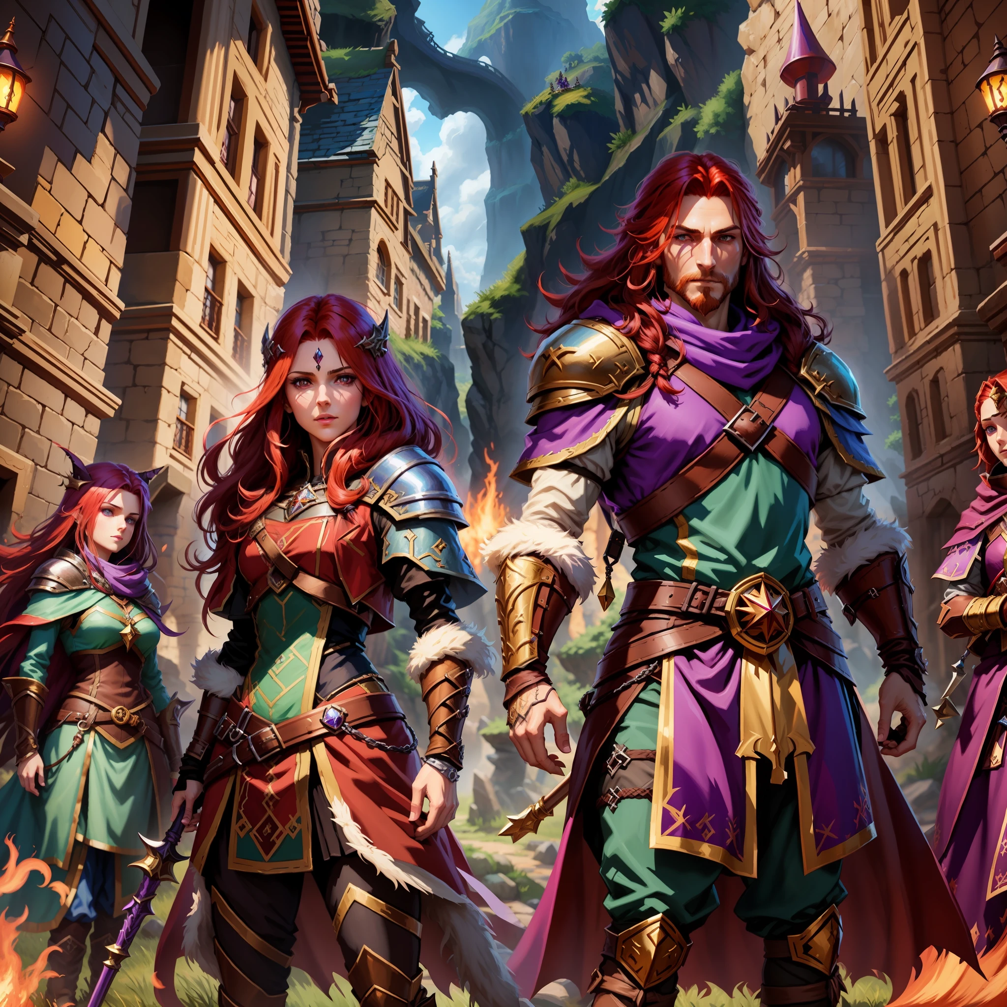 , RPG Game, 2. 5 D CGI Anime Fantasy Art, Dungeons and Dragons Portrait, Coriolios RPG Art Style, Dragonlance Illustration, Epic Art RPG, Key Art, RPG Art, D & D Fantasy Digital Art, Fantasy RPG Book Illustration, Fantasy Art Card Game, Red Hair Witch, Purple Armor