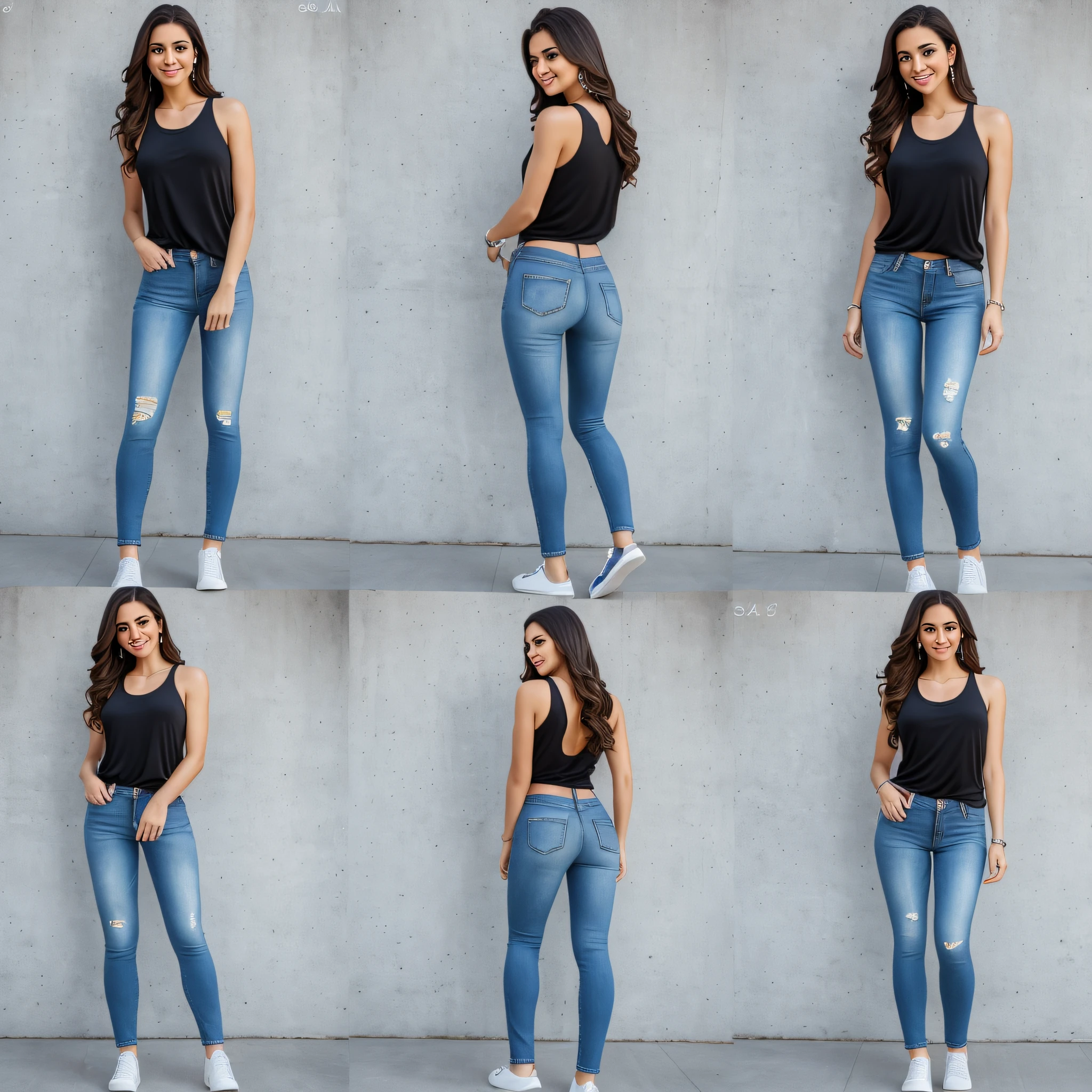 best quality, masterpiece, photo photorealistic, 8k, 4k, extreme resolution, super high resolution,
dynamic lighting, real lighting, sofia diamond, looking_at_viewer, smile, tank top, jeans,
The background of the shot is pure white
Use the Sony A7M3 to shoot upwards from a low angle and to shoot the whole body
Back (front, side, back, 45 degrees), a total of 4 full-body photos --auto --s2