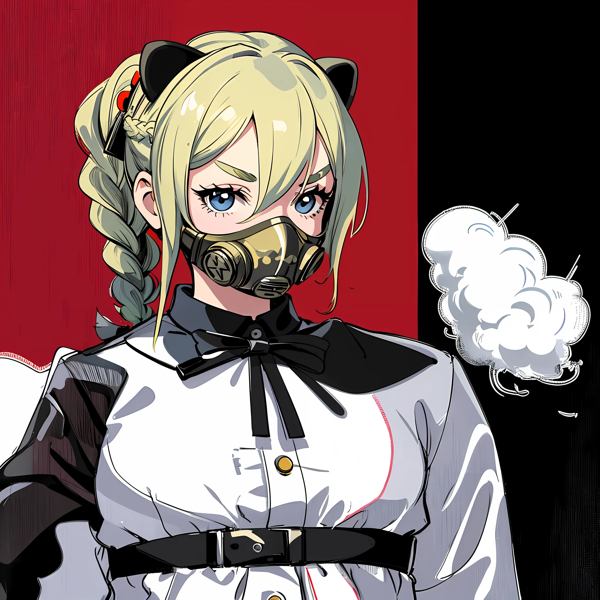 Andy Warhol, gas mask, small, female brat, thick eyebrows, thin waist, pigtails, beautiful blonde, braid, rabbit ears, (masterpiece), ((best quality)), (super detailed), girl, clean and detailed face, five fingers, textile shading, perfect human body structure, perfect anatomy,